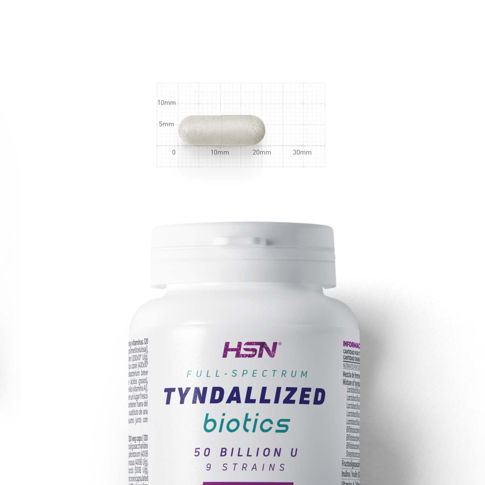HSN Biotics Fermentos Tindalizados 50B Psicobiótico | 120 Cápsulas Veganas | 9 Cepas (Lactobacillus, Bifidobacterium, Streptococcus) | Prebióticos Inulina y FOS | Vitaminas A y D | Microbiota