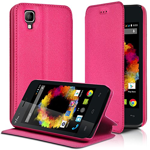 KARYLAX Seluxion - Housse Coque Etui à Rabat latéral Fonction Support Couleur Rose Fushia pour Wiko Sunset + Film de Protection