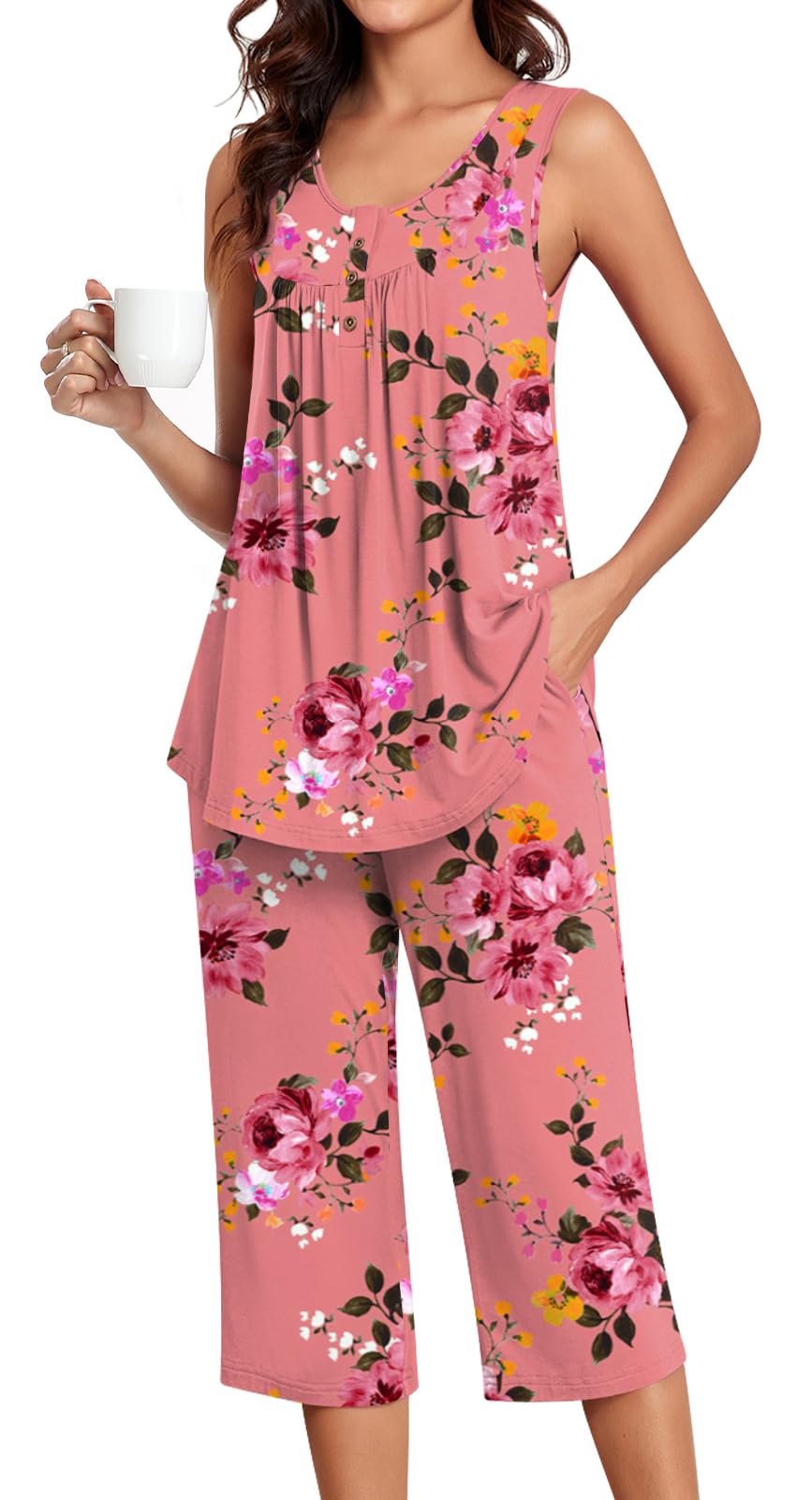 Bestbee Women's Sleeveless Pajama Sets 2 Piece Sleepwear Summer Lounge Outfits Henley Tanks Capri Pants Ladies Pjs