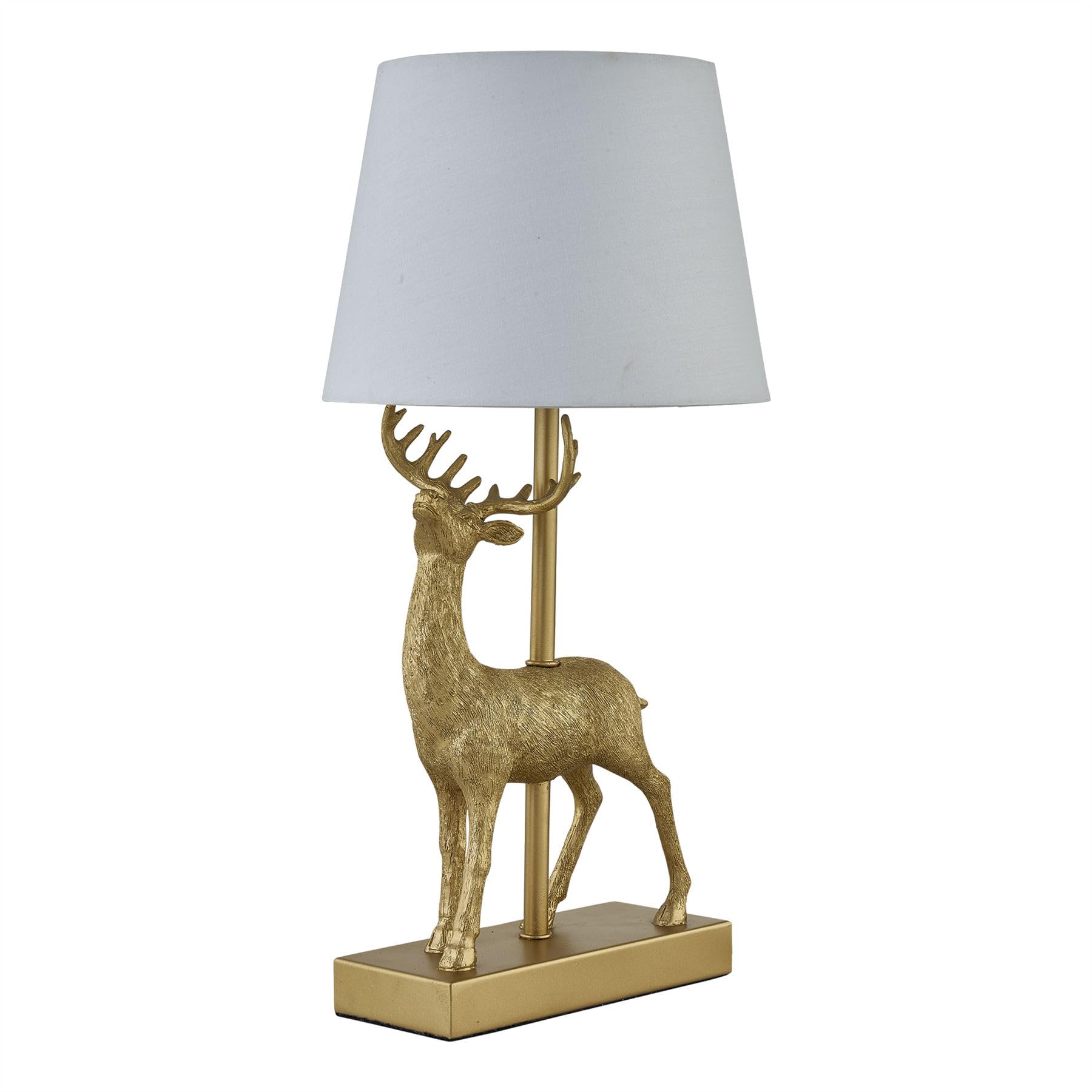 firstchoicelighting Gold Stag Table Lamp or Bedside Light with White Fabric Shade, Resin Base, Height 41cm, LED Compatible