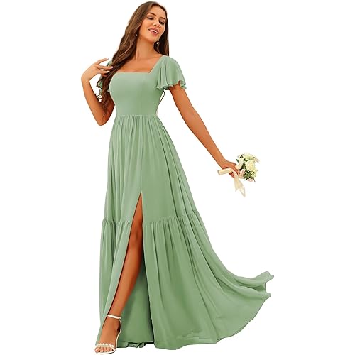 SEIM Women's Flutter Sleeve Bridesmaid Dresses with Slit Long Square Neck Chiffon Formal Dress SE980