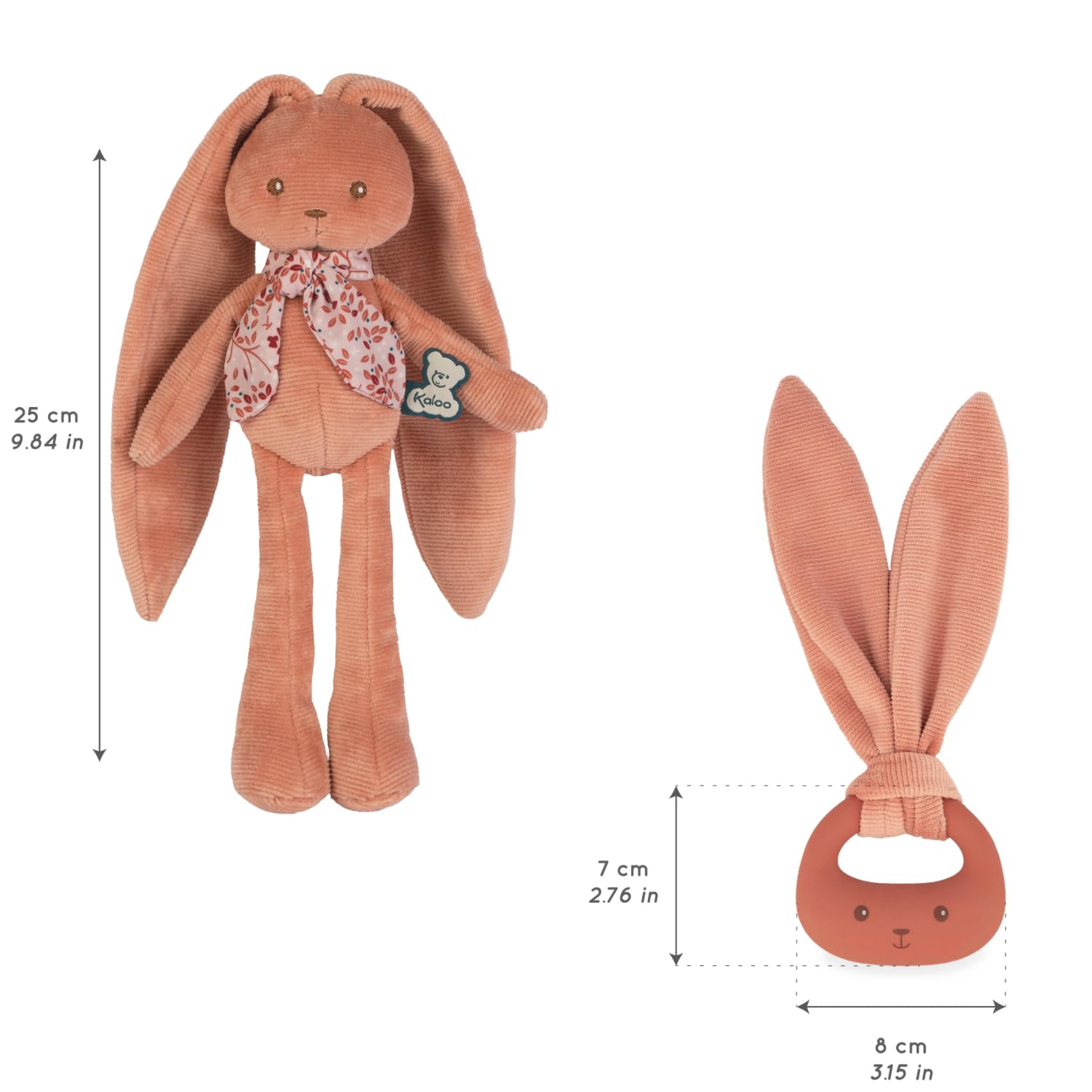 Kaloo – Coffret Cadeau Naissance Bébé - 2 Pièces : Doudou Pantin Lapin 25 cm + Anneau de Dentition en Silicone – Lapinoo – Couleur Terracotta – Dès la Naissance – K390040