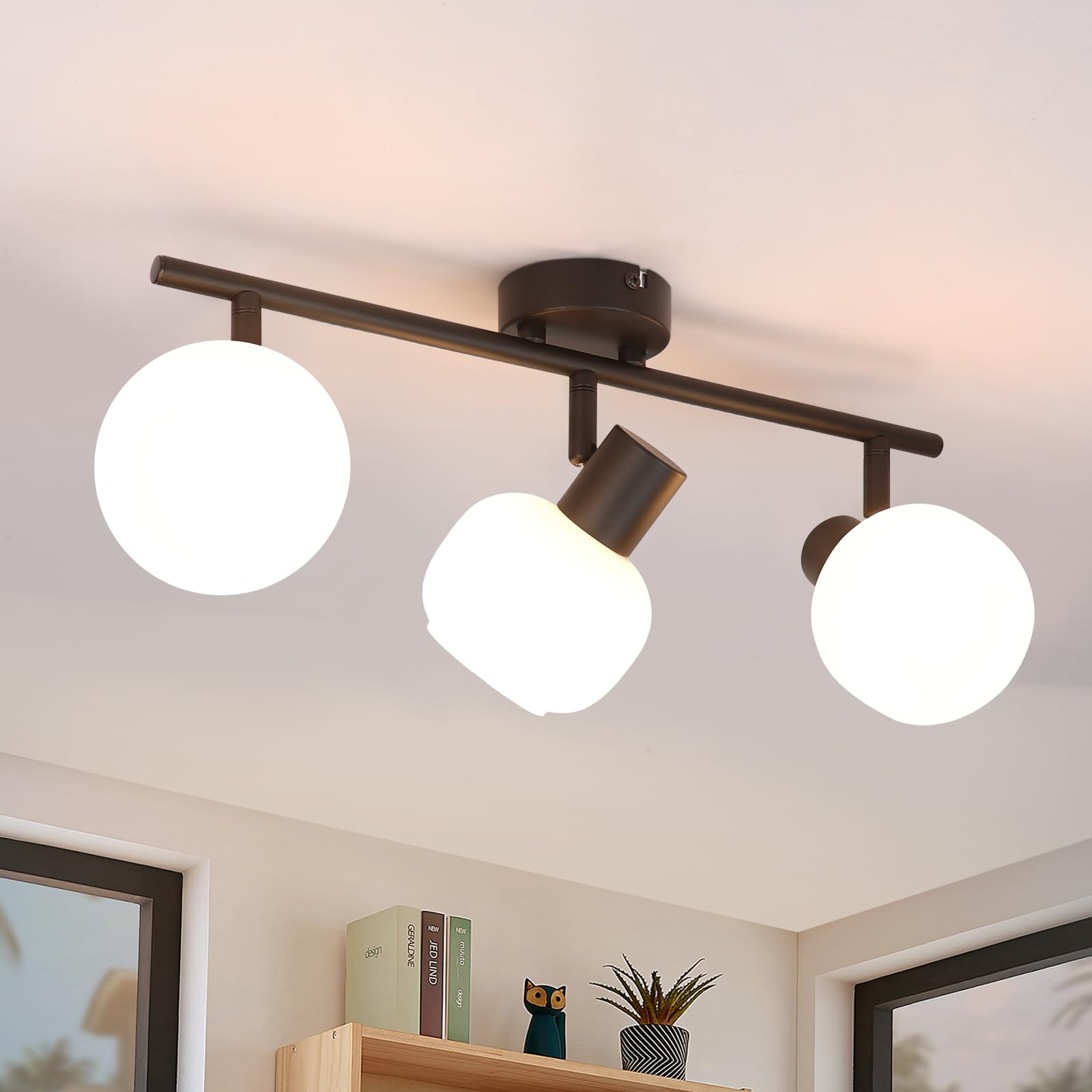 Deboola Deckenstrahler 3 Flammig Deckenleuchte Flur - Deckenlampe Schwarz Deckenspots Vintage Glas E14 Strahler Innen Morden 350°Schwenkbar Spots für Schlafzimmer Wohnzimmer(Ohne Leuchtmittel)