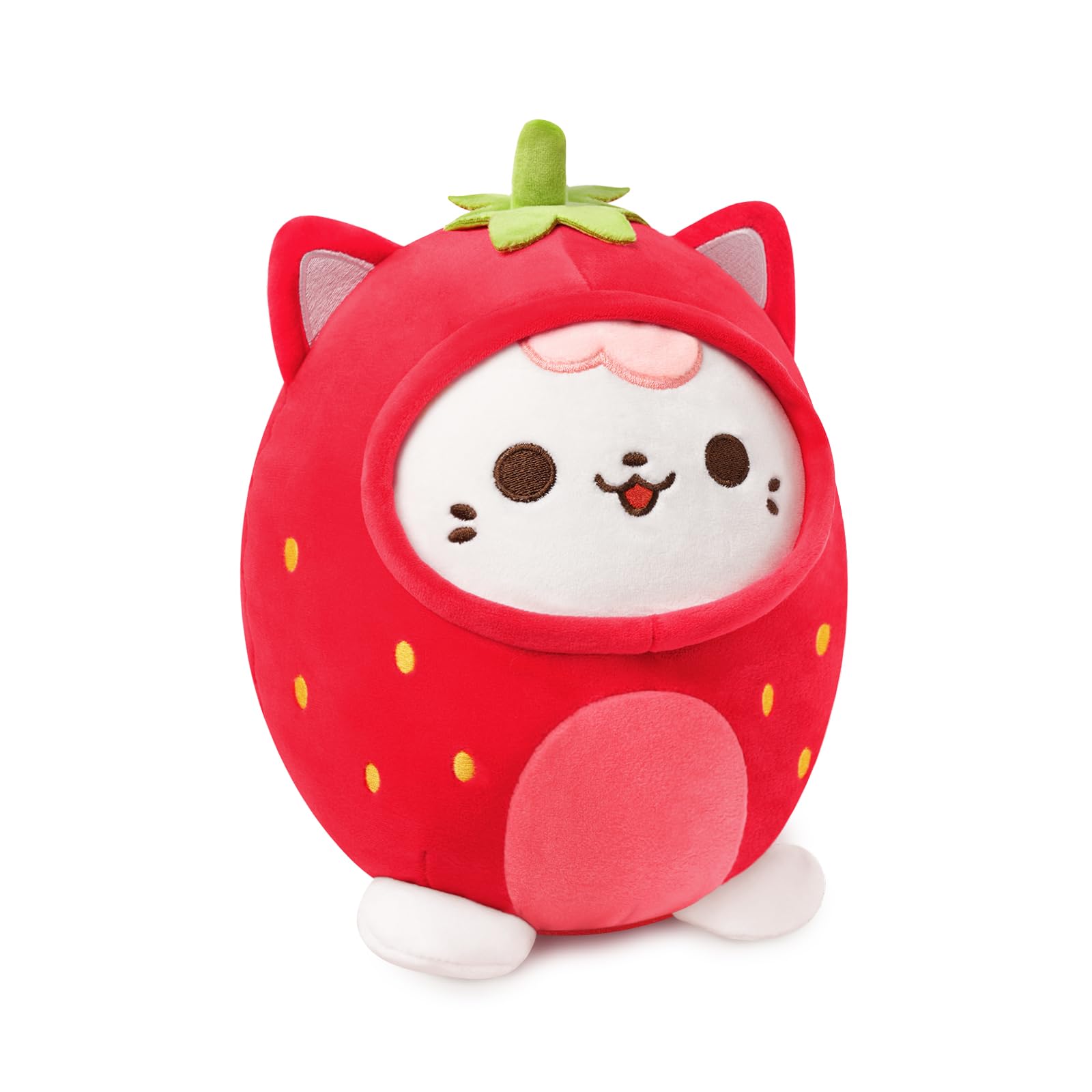 PEACH CAT Strawberry Cat Plush Pillow Cute Strawberry Kitten Stuffed Animal Cat plushie with Strawberry Outerwear for Kids Red 8