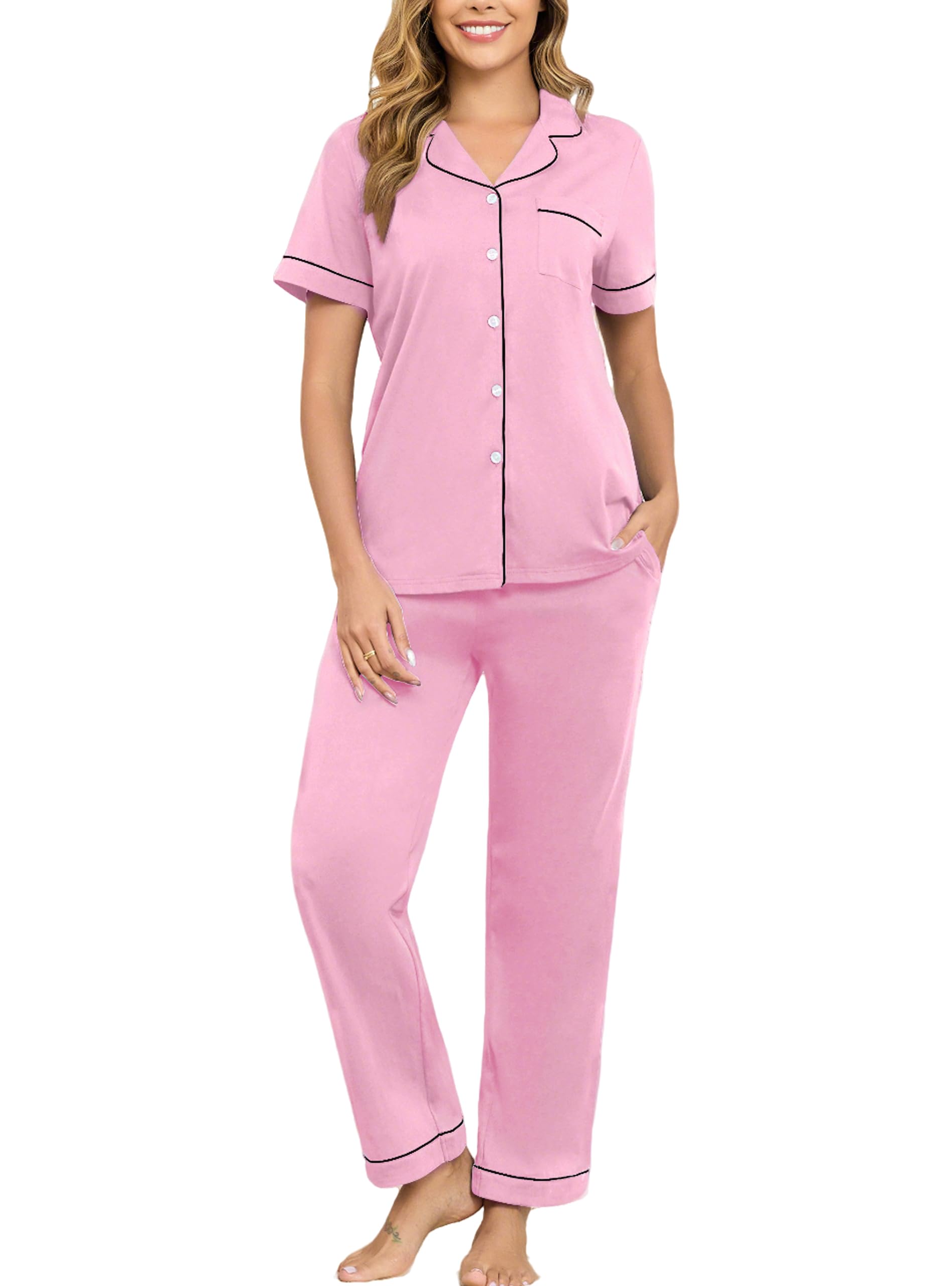Veseacky 100% Cotton Pajamas for Women Set Short Sleeve Button Down Sleepwear Soft 2 Piece Summer Pjs Lounge Sets S-XXL