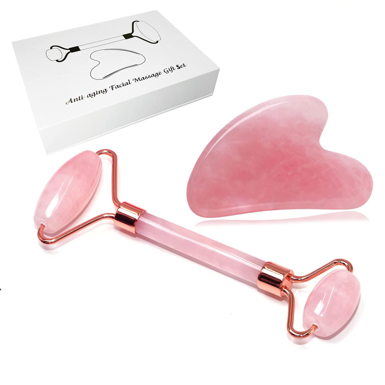 Jade Roller and Gua Sha Set, Rose Quartz Gua Sha Scraping Massage Tool, Azymi Face Jawline Jade Rollers Sculptor for Women Anti-Wrinkle, Ice Roller for Facial Eyes Dark Circles and Puffiness