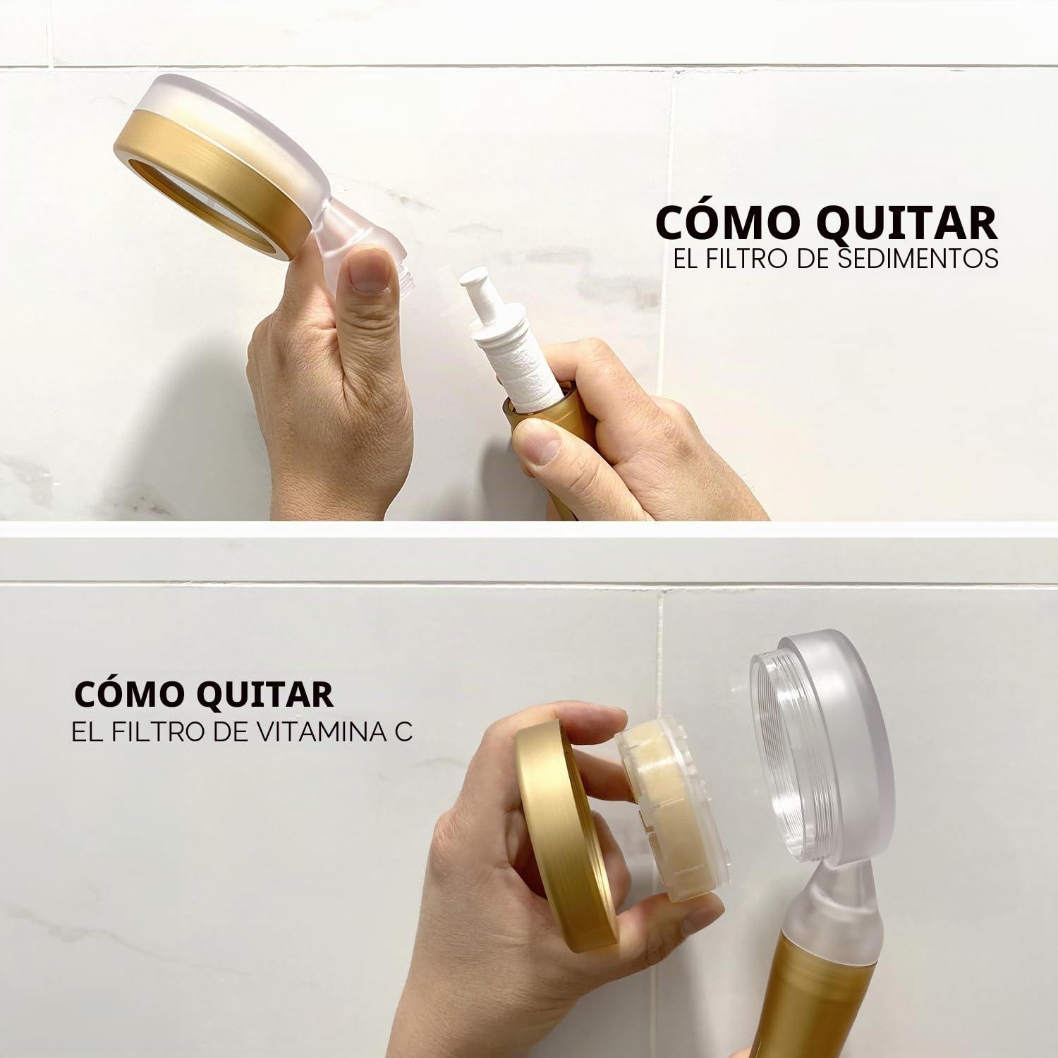 Barumi Pluo Cabezal de ducha filtrado a mano - dorado | Filtro de vitamina C para piel y cabello sanos | cabezal de ducha de chorro suave de alta presión | ablandador de agua dura de doble filtración