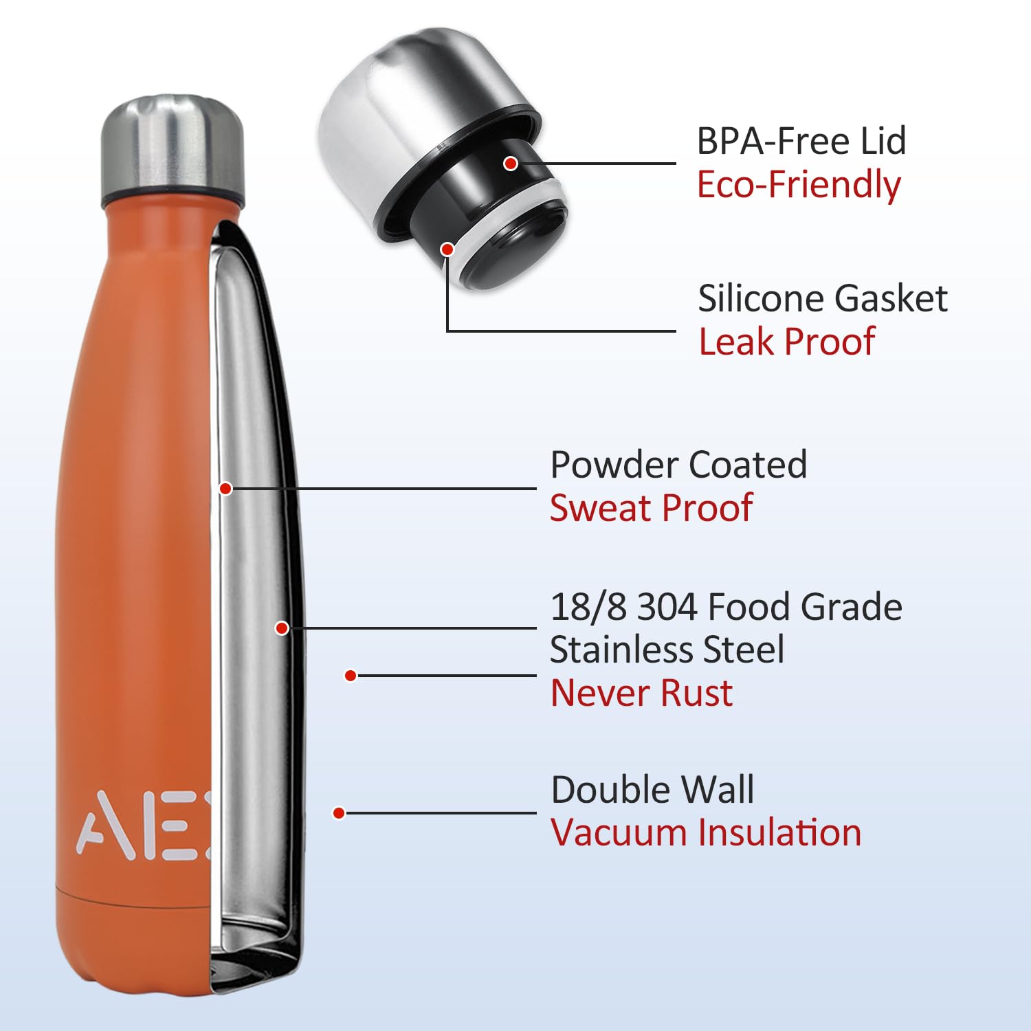 AEX Edelstahl-Wasserflasche, BPA-frei, vakuumisoliert, Metall-Wasserflasche für 12 Stunden heiße und 24 Stunden kalte Getränke, Sportflasche, Fitnessstudio, Reisen – 500 ml (matt orange)