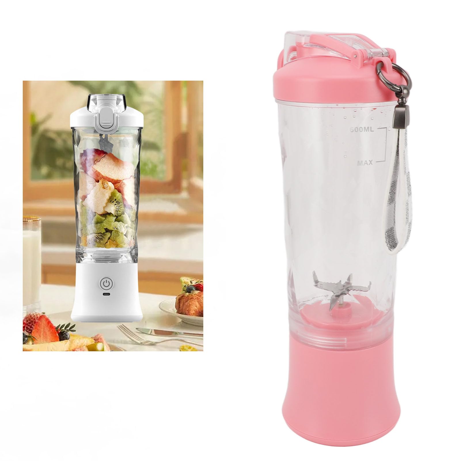 SIXRUN Batidora Portátil, Batidora Personal Recargable por USB con Taza de Acero Inoxidable ABS de 600 Ml, 150 W, 18000 RPM, 2 Modos, para Viajes, Gimnasio, Escuela, Oficina, Batidos y Batidos (PINK)