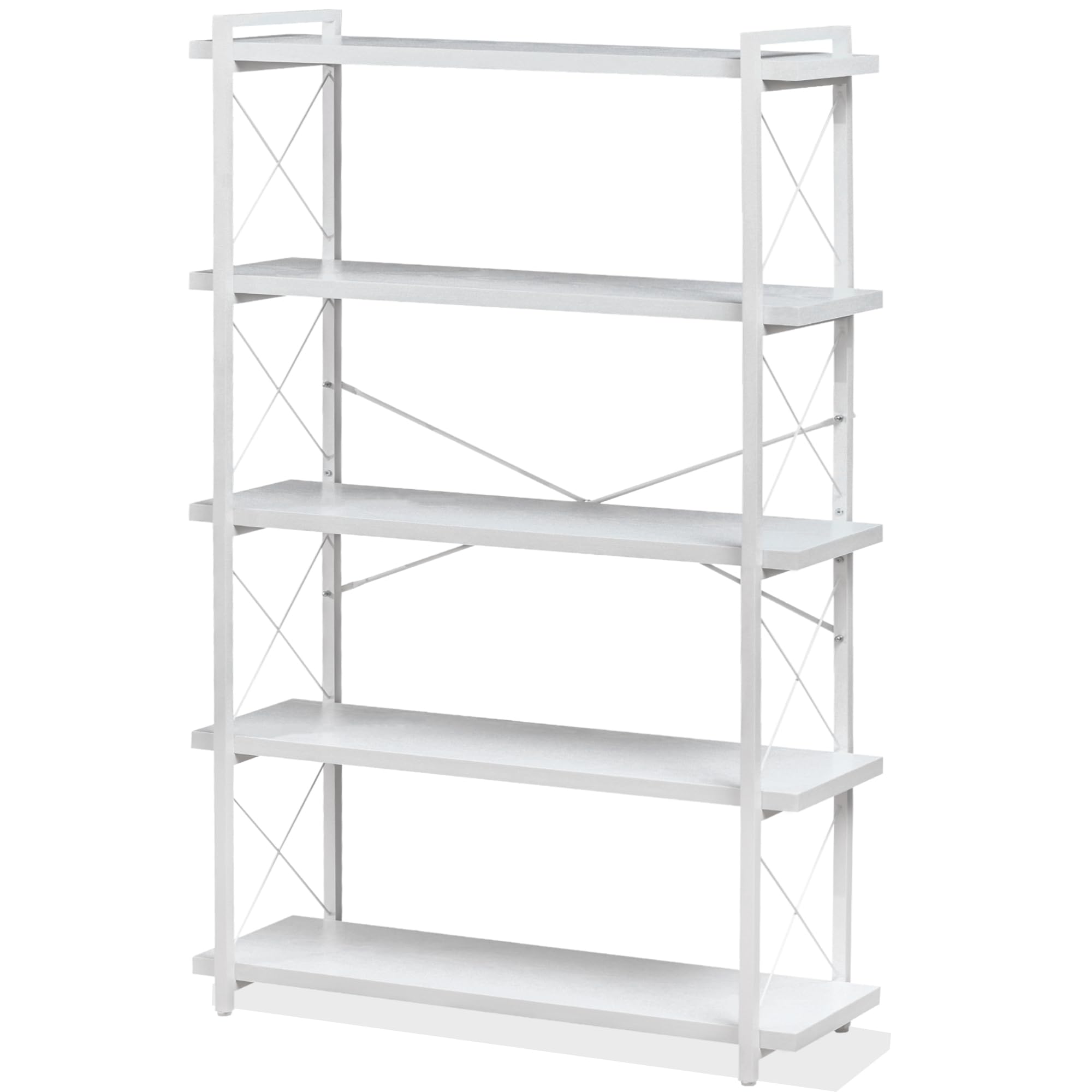 hchqhs bookshelf, 5-tier industrial bookcase, white open book shelf, freestanding tall bookshelves with metal frame