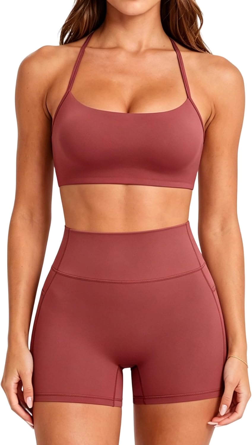 SUUKSESS Women 2 Piece Workout Sets Padded Halter Sports Bras High Waisted Biker Shorts with Pockets