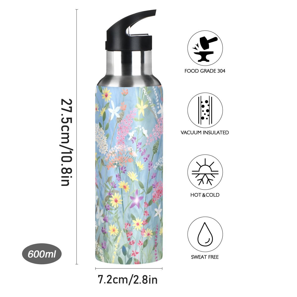 Amazon | MiaoLD スポーツボトル 大容量 保温保冷 600ml ストロー付き