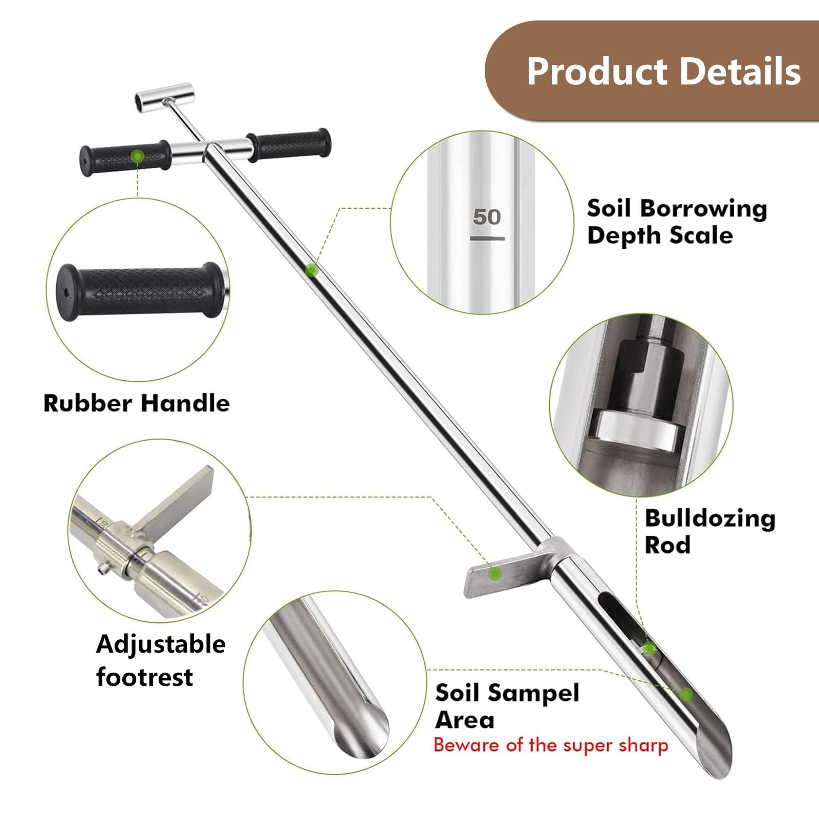 Bodenprobensonde, 101,6 cm Bodensondenstab, Erdsondenstab, Bodenprobennehmer Mit Fußpedal, Für Bodenprobenentnahme, Gartenarbeit(Dia 38MM(1.5in))