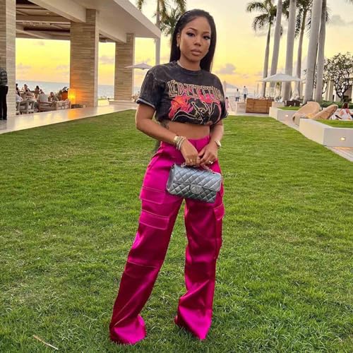 ODIZLI Satin Cargo Pants for Women High Waisted Wide Leg Trousers Multiple Pockets Y2K Streetwear Hip Hop Baggy Pants2