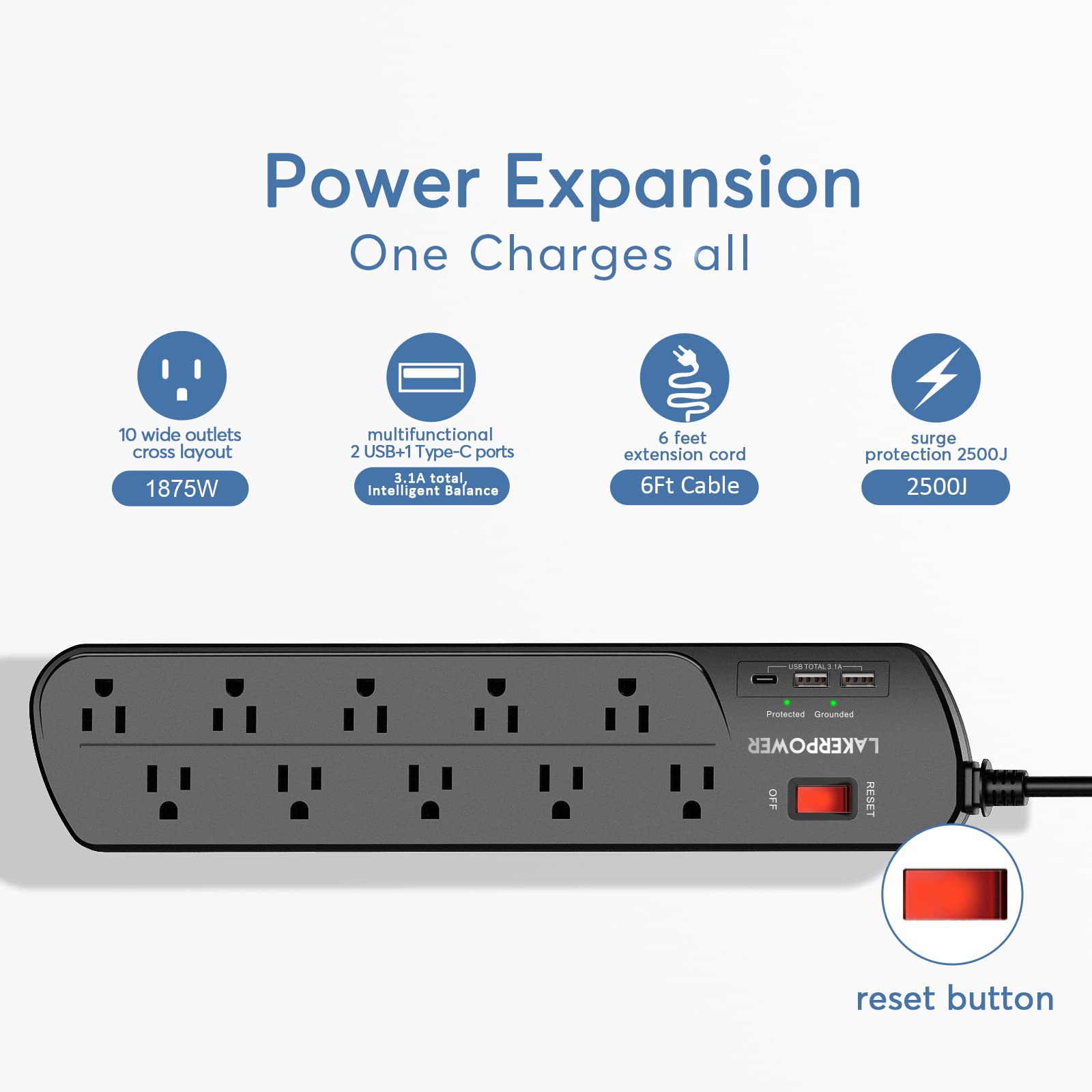 USB Power Strip, Extension Cord with Multiple Outlets,Surge Protcetor Outlet Extender with 10 Outlets and 3 USB Ports,1875W Power Strip with USB,6 Feet Extension Cord for Home,Office,Dorm Essentials