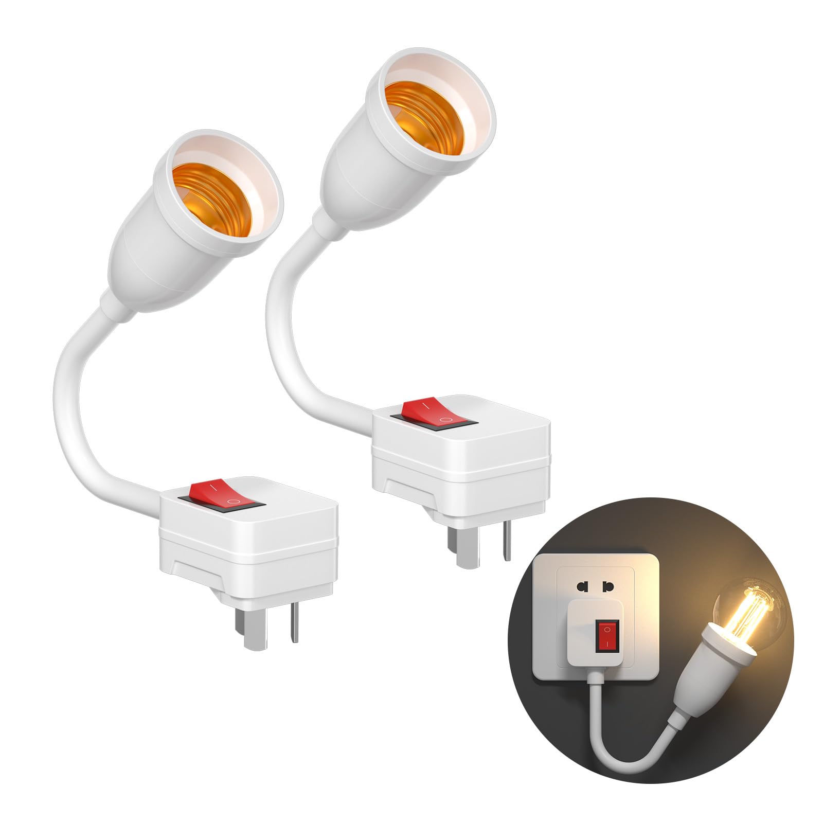 Bonlux Flexible Lamp Holder, E27 LED Lamp Socket White, Extension Screw Lamp Adapter with On/Off Switch, Plug in Wall Lights 360 Degree Flexible 20CM with Standard UK Plug (Bulb not Included)