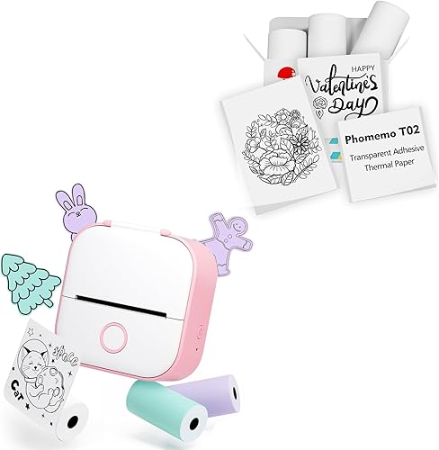 Memoqueen Mini impresora adhesiva T02, impresora térmica portátil, juego de impresora fotográfica instantánea y 3 rollos de papel térmico adhesivo