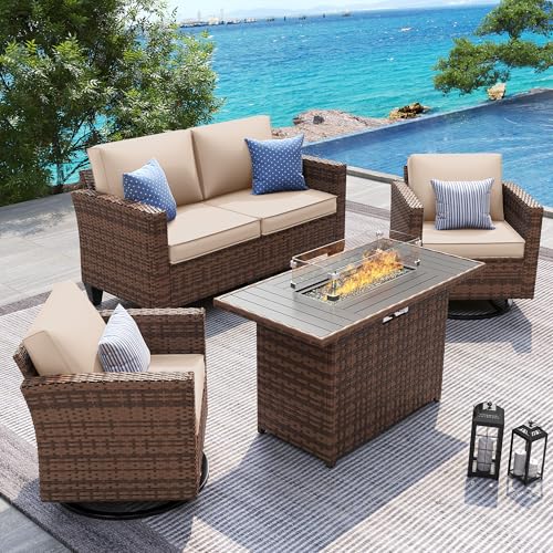 Image of UDPATIO 5 Pieces Patio Furniture Set with Fire Pit Table, Outdoor Conversation Set with Rocking Swivel Chairs, Wicker Furniture Set with Waterproof Cover, 4'' Thickened Cushion, Khaki
