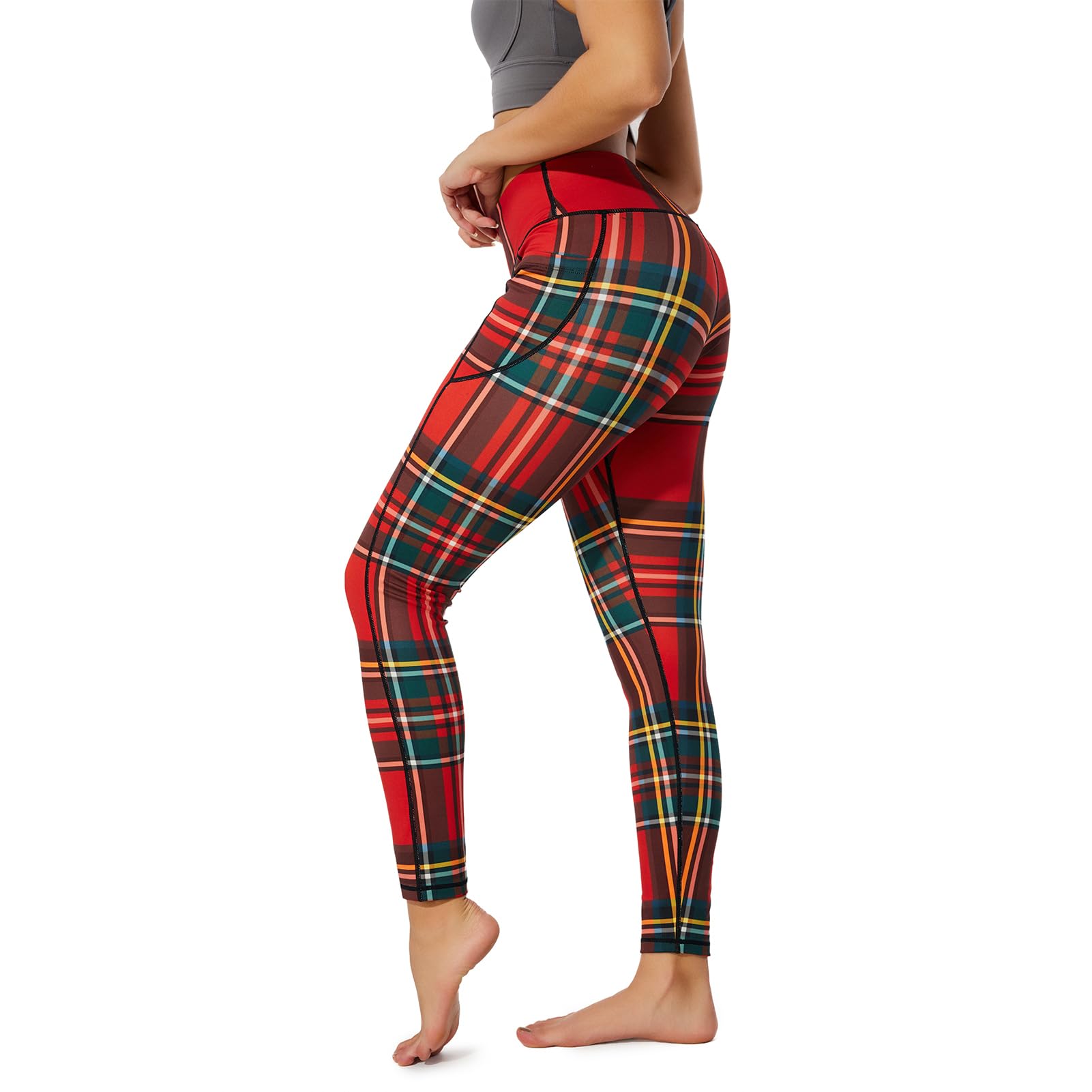 QIUYELONG Women’s High Waist Yoga Leggings with Side Pockets Royal Stewart Tartan Print Yoga Pants for Workout Sports Athletic Large