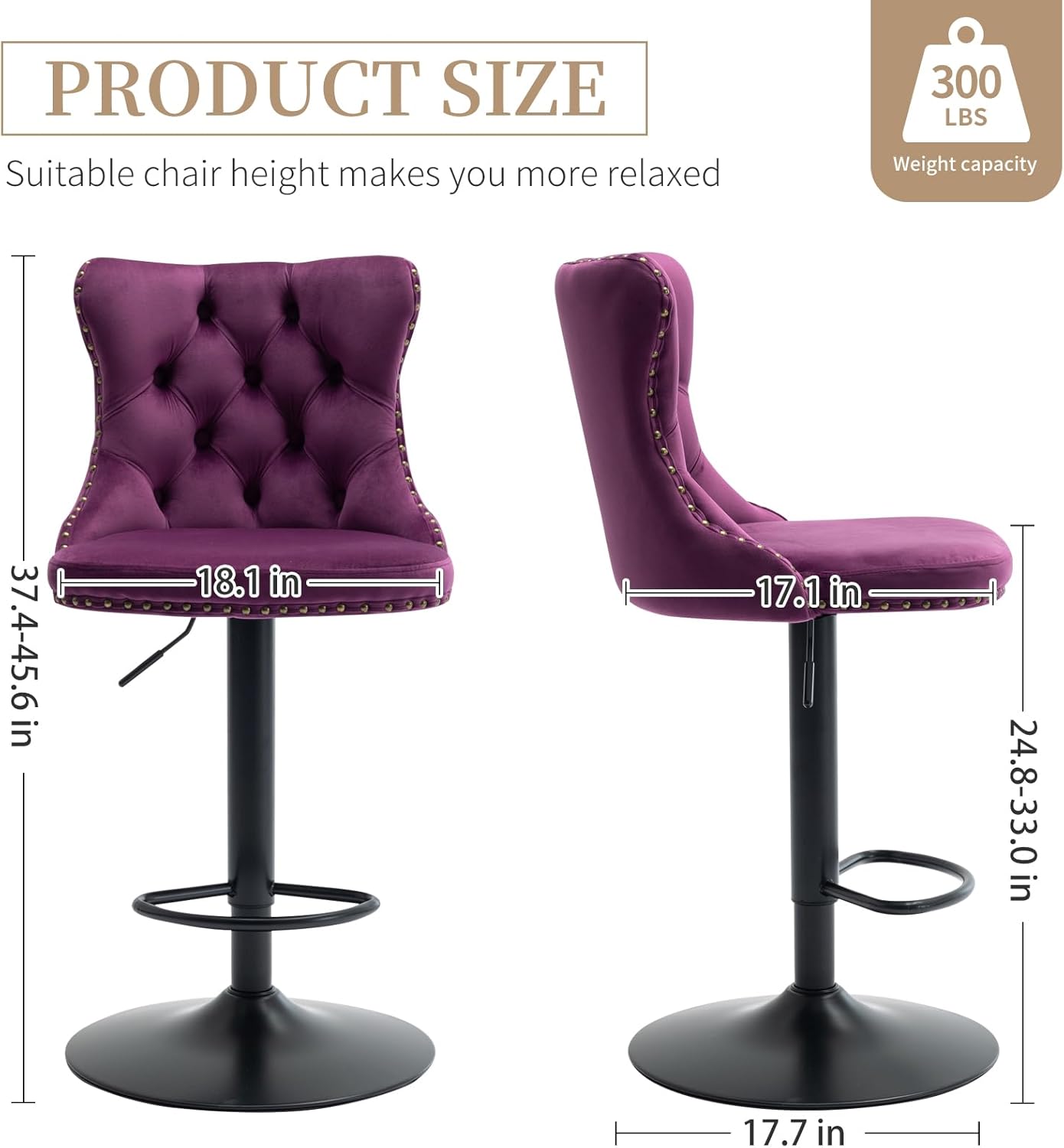 Purple Bar Stools Set of 2, Adjustable Upholstered Counter Height Barstools with Back and Black Footrest, Modern Velvet Swivel Barstools for Kitchen Counter, Purple