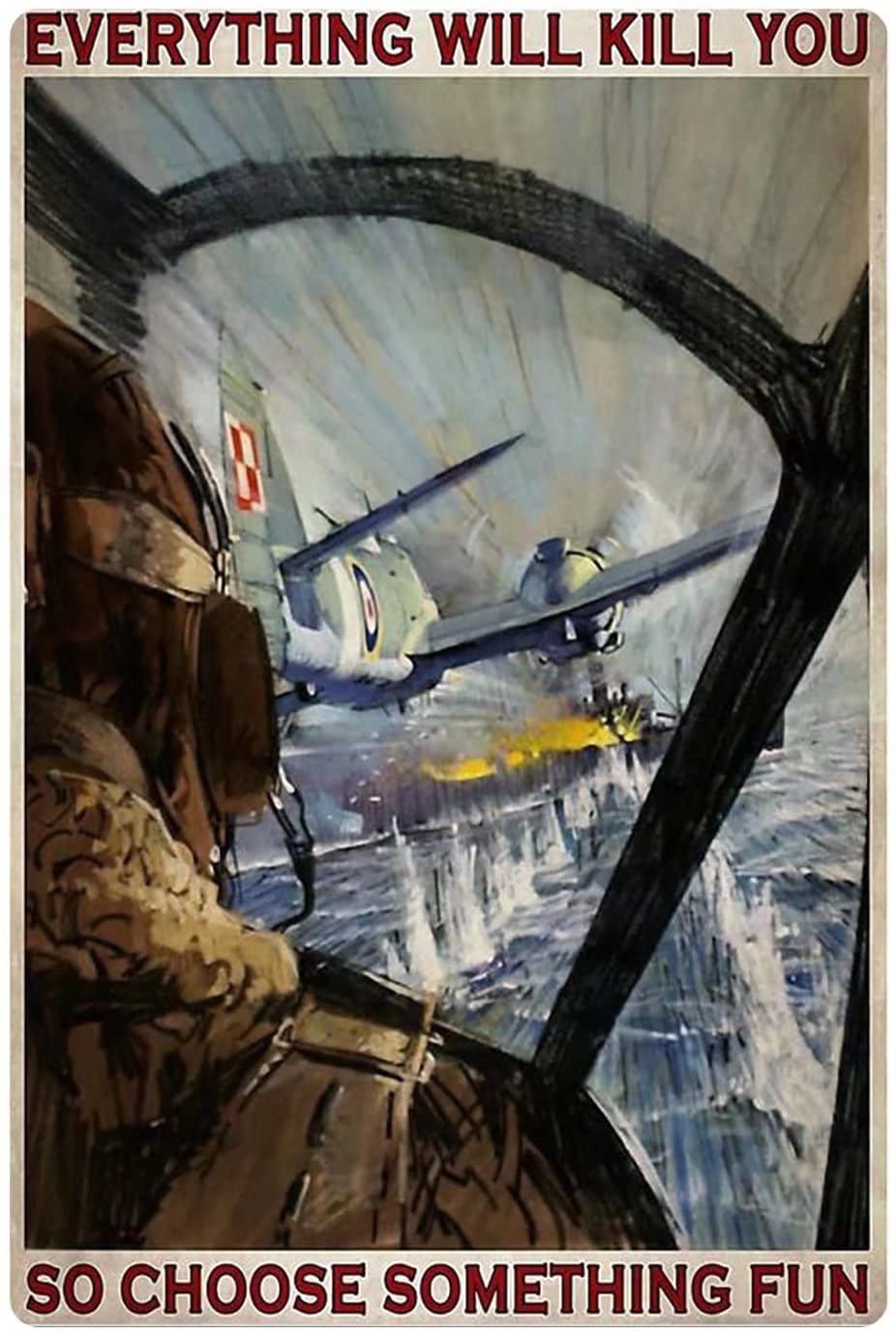 Pilot Fighter Metal Tin Sign Vintage Chic Art Decoration for Home Bar Cafe Farm Store Garage or Club 12x16 Inch