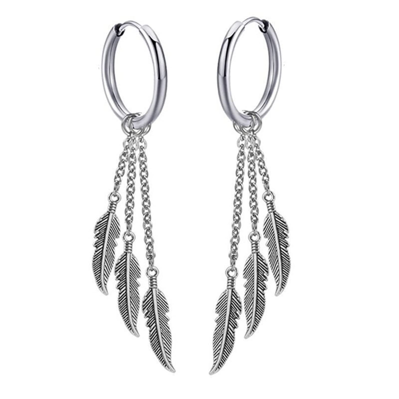 MALOYANVE Feather Dangle Earrings for Men Women 316L Surgical Stainless Steel Huggie Hoop Dangle Earrings Punk Hip Hop Vintage Feather Drop Earrings