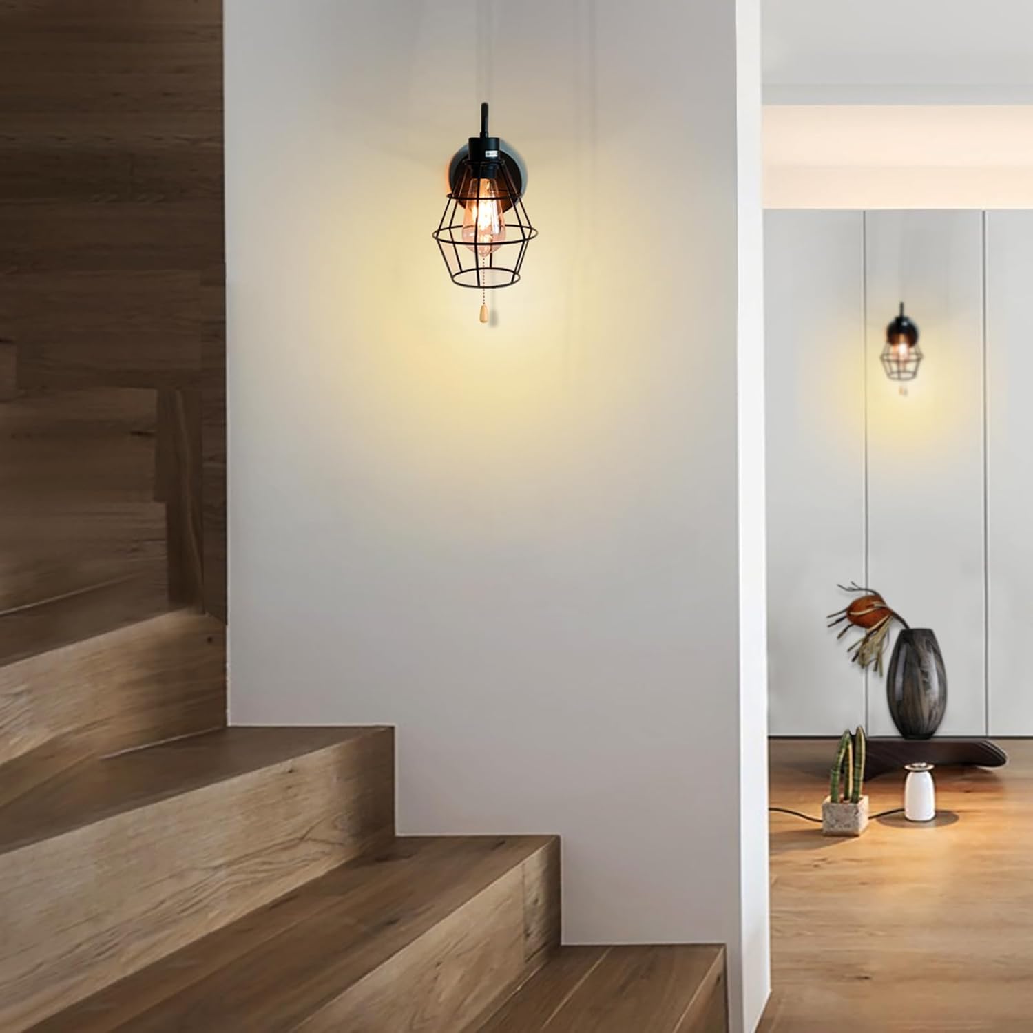 Pull Chain Wall Sconce Wire Cage Wall Light Fixtures with On Off Switch E26 Hardwired Black Metal Farmhouse Vintage Wall Lighting Indoor for Bedroom Living Room Kitchen (1-Light, No Bulb)