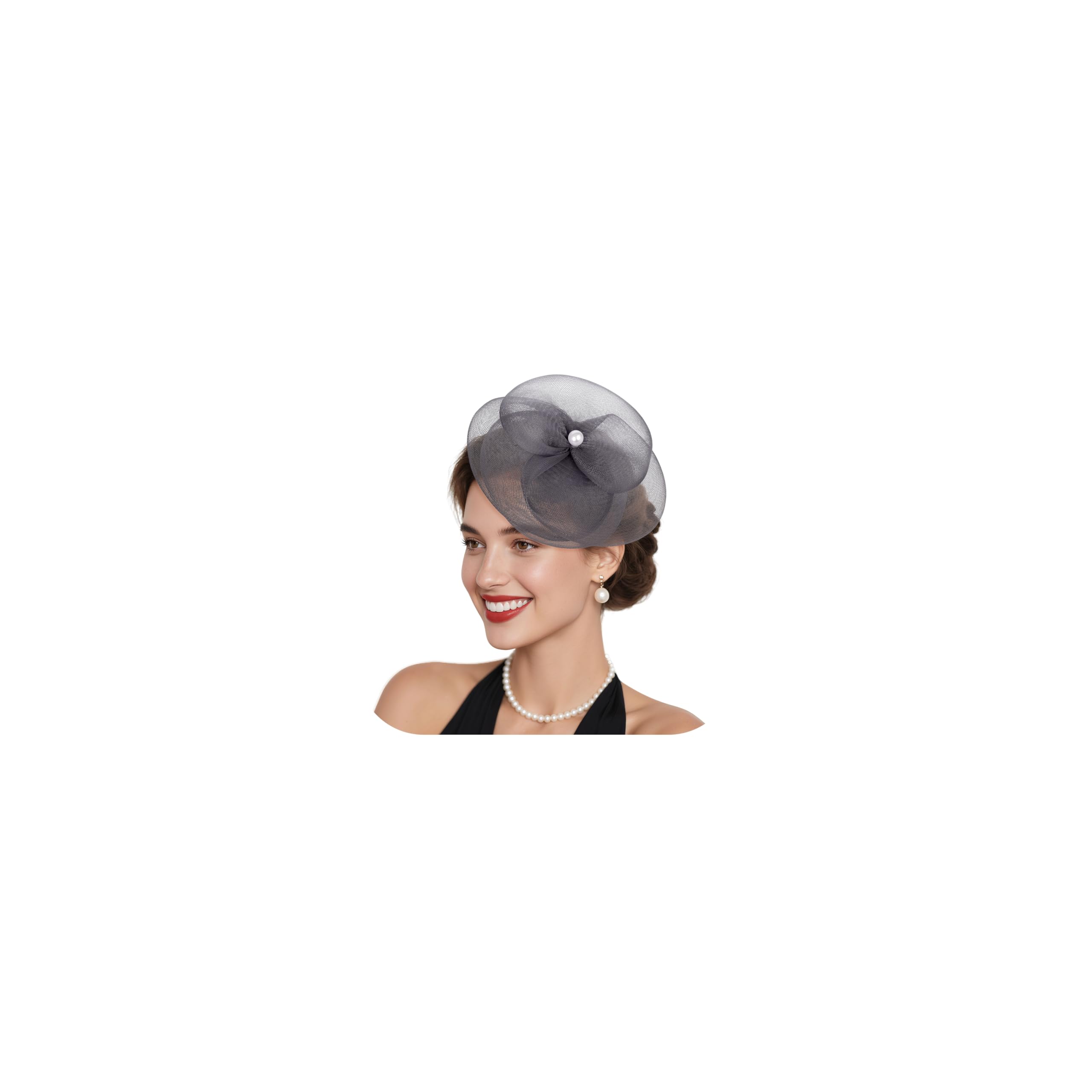 Vegolita Fascinator Hats for Women Tea Party Hat Flower Mesh Headband Vintage Hair Clip Headwear for Wedding Church Cocktail, Grey, M