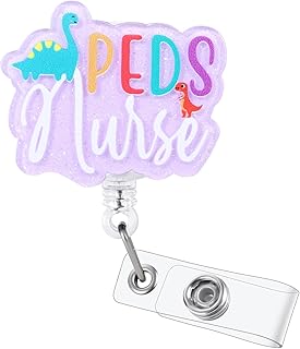 Cute Dino PEDS Nurse Badge Reel, Pink Retractable ID Card Badge Holders, Medical Badge Clip for Pediatric PICU NICU Childrens Hospital RN LPN CNA LVN Pediatric Emergency Department