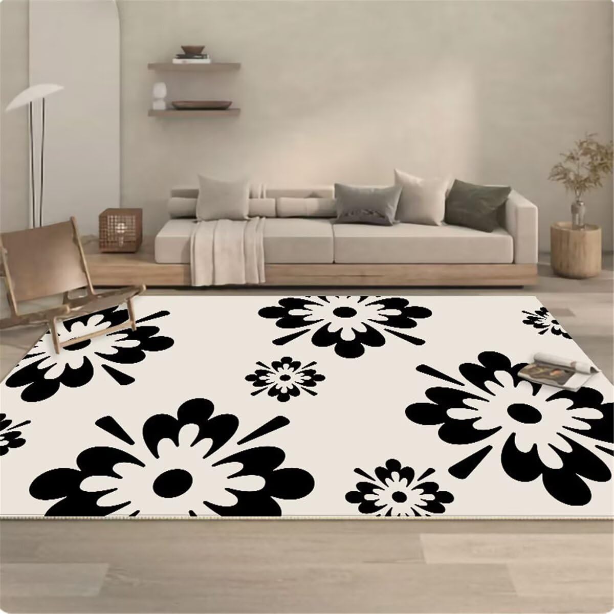 Grand tapis de salon 70x140cm antidérapant motif floral noir