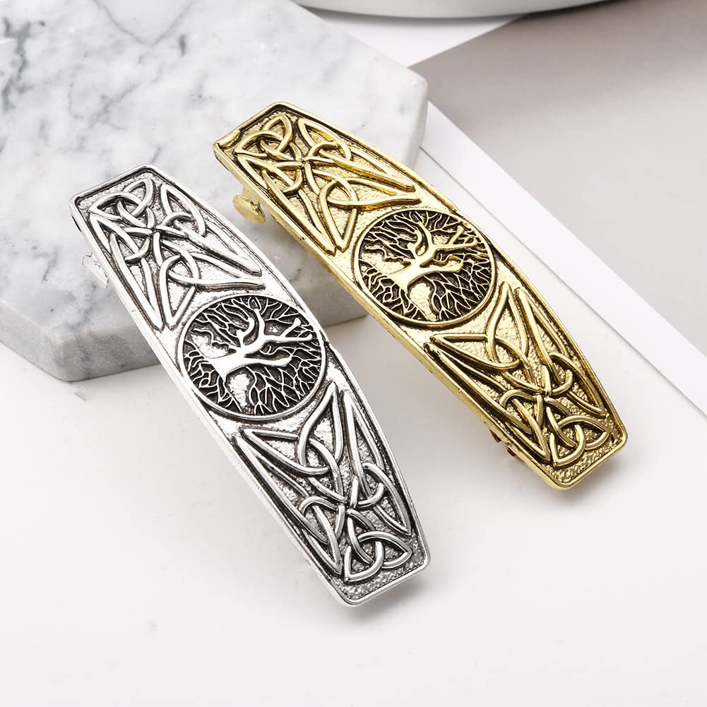 JKJF 2 Pcs Celtic Knot Barrette Vintage Hair Barrettes Metal French Hair Clips Engraved Headwear for Women Girls - Gold Silver Style 1: Tree of life #4