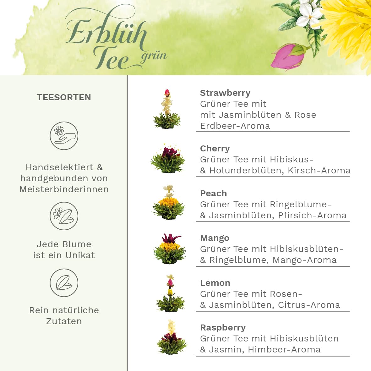 Creano Teeblumen Geschenkset - Flower Design - Erblühtee Frühjahrslese mit 500 ml Glaskanne und 6x grüner Tee - Geschenk zu Valentinstag, Muttertag