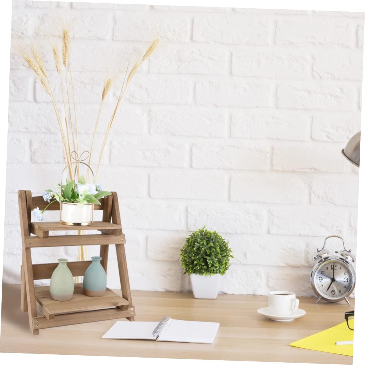 Folding Two-Layer Wooden Flower Pot Rack Retro Style Plant Stand Shelf for Succulents Multi-Purpose Storage Organizer for Home Office Rustic Design