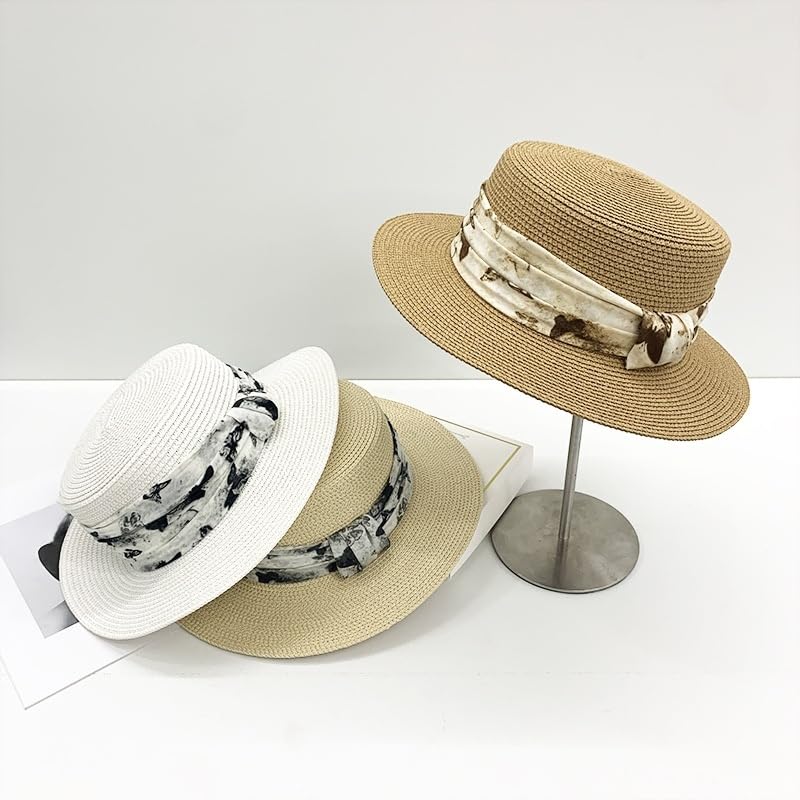 Sombrero de Verano para Mujer,de Copa Plana,con Protección UV,ala Ancha,Estilo Canotier,de Paja con Cintas Teñidas,Transpirable,para Playa,Exteriores,Vacaciones y Viajes