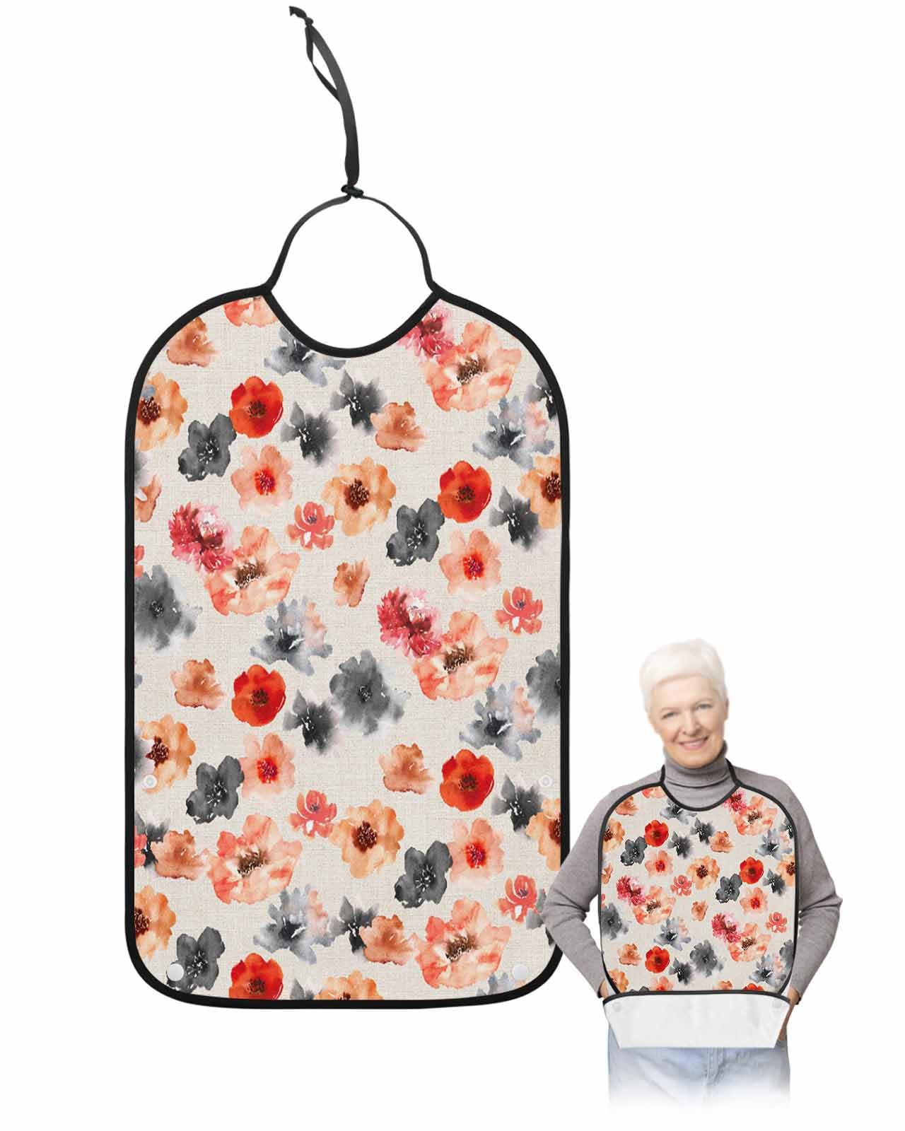 LEOKOTI Red Orange Black Spring Floral Adult Bibs for Eating, Waterproof Bibs with Food Catcher & Snap Closure, Watercolor Botanical Rustic Washable Clothing Protectors Adult Bibs for Elderly