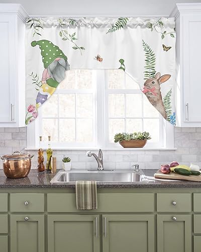 Jolunifun Cortinas de cocina con cenefa de Pascua, cenefa con bolsillo para barra, paneles de cortina para dormitorio, sala de estar, baño,