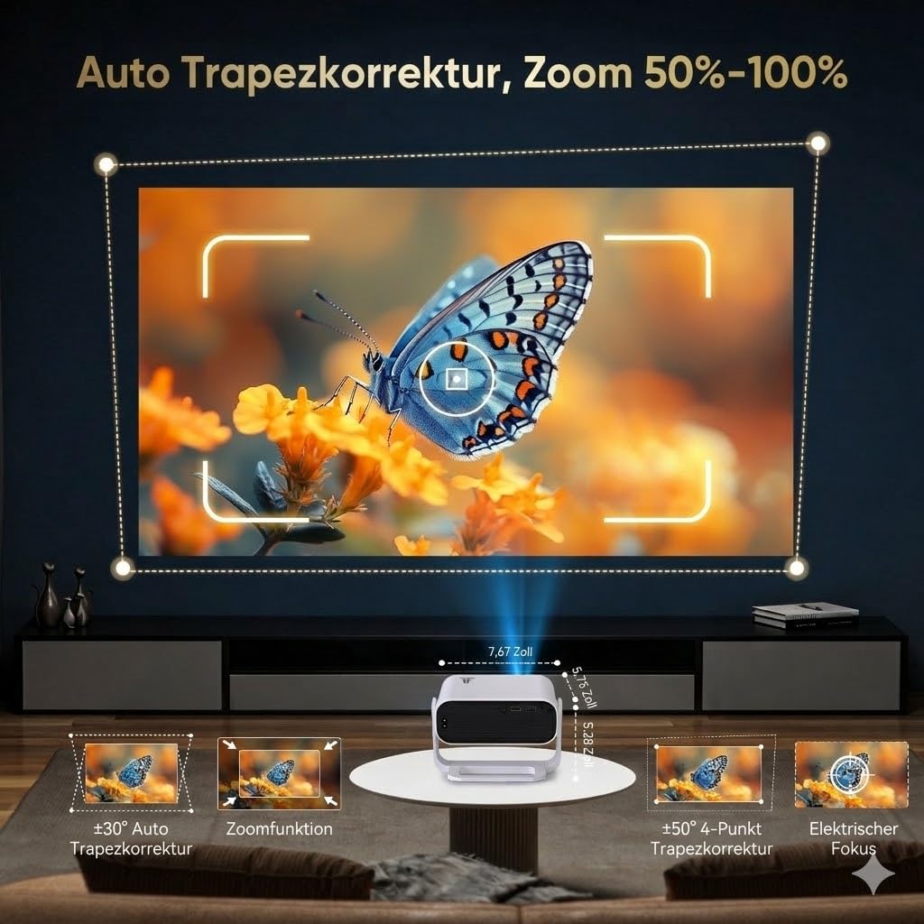 [Wielio 2026 Upgrade Google TV Beamer] Natives 1080P, 4K-Unterstützung, 25000 Lumens,elektrischer Fokus & Trapezkorrektur, WiFi & BT Heimkino Beamer, Mini Projektor mit 360° drehbarem Ständer