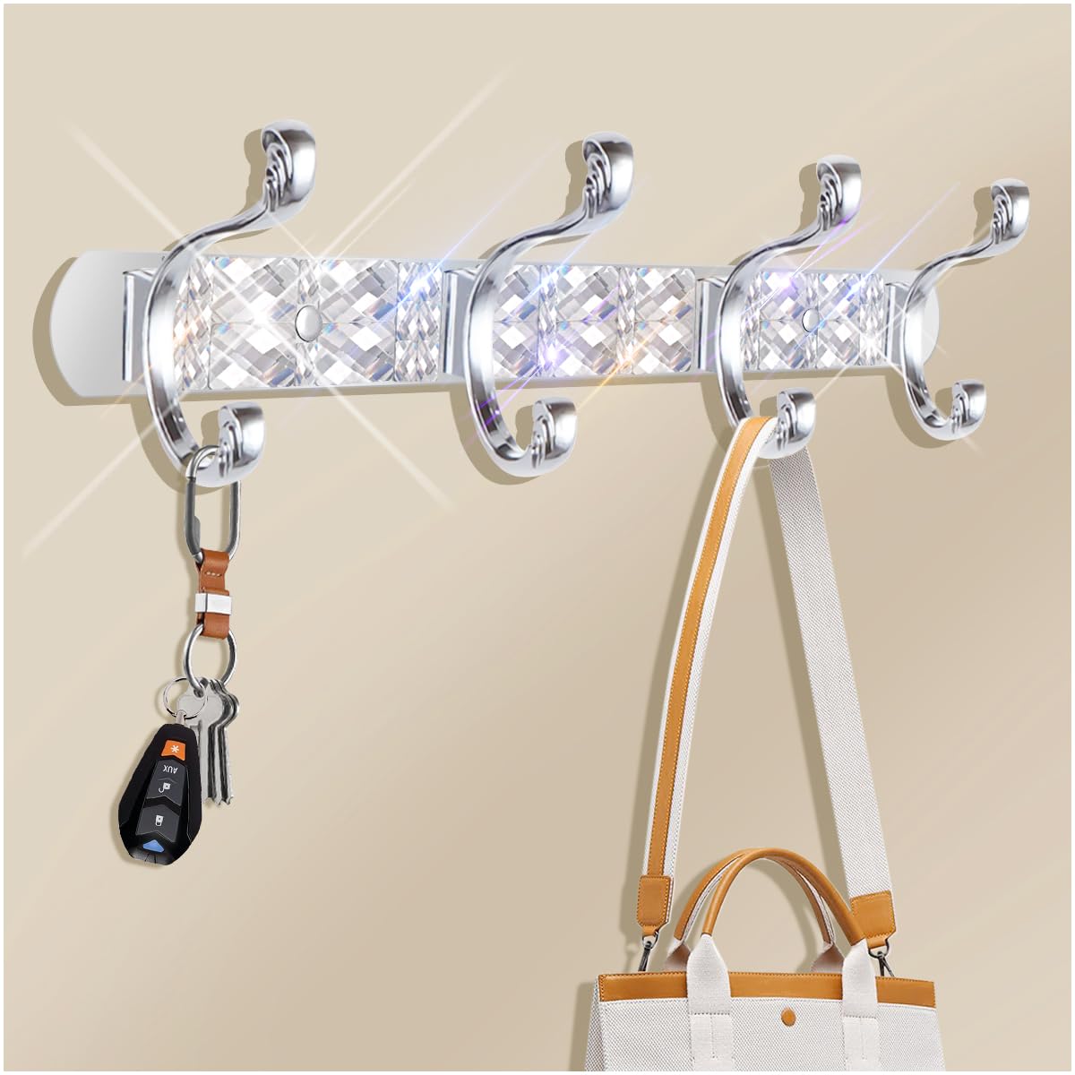 GUFONKOD Bling Coat Rack Wall Mount, Sparkle Silver Gem Diamond Wall Mounted Suitable for Key Hat Towel Purse Robes, Glitter Hooks Decorative Rack for for Entryway, Bedroom, Bathroom (4 Hooks)