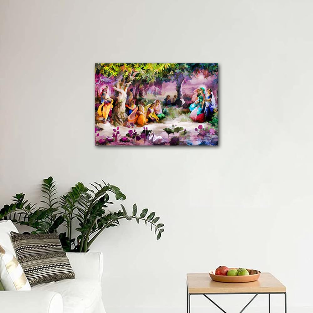 TISHIRON Indian Hindu Gods Painting Radha Krishna Pictures Canvas Retro Wall Art Artwork Home Decorations for Living Room Giclee Framed Gallery-wrapped Posters and Prints Ready to Hang (24" Wx16 H) - Image 4