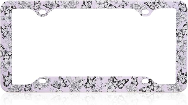 Stainless Metal Car License Plate Frame Covers with 4 Holes - Unique Designs, Standard Size for U.S. and Canada Butterfly