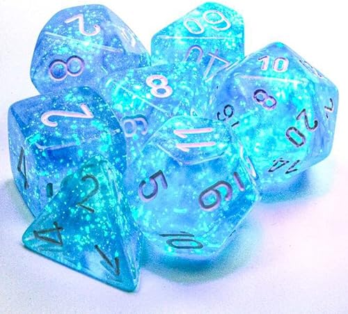 Miniatura 2 de Chessex Juego de 7 troqueles poliédricos - Boreal azul cieloblanco con luminaria 27586 (CHX27586)