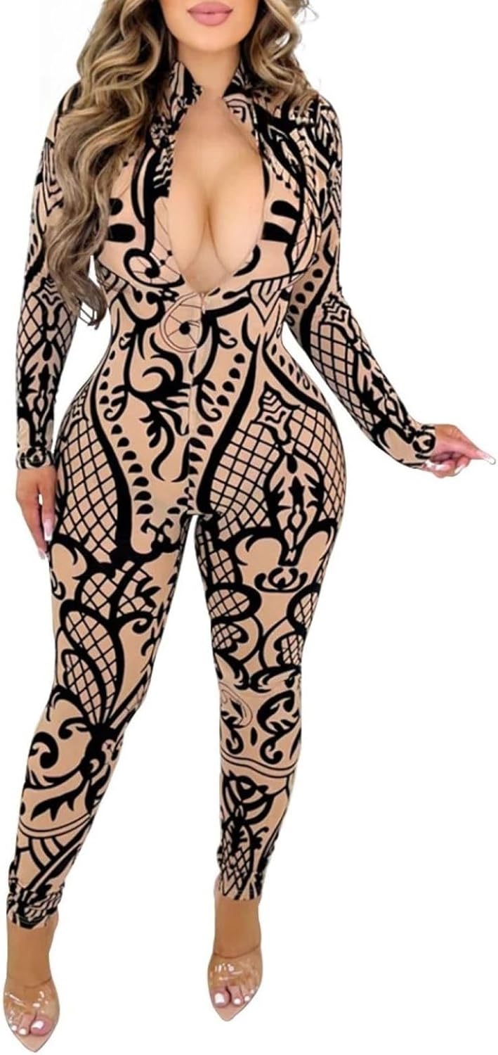 ksotutm Long Sleeve Jumpsuits for Women Fall Printed Bodysuit Sexy Deep V Neck Rompers