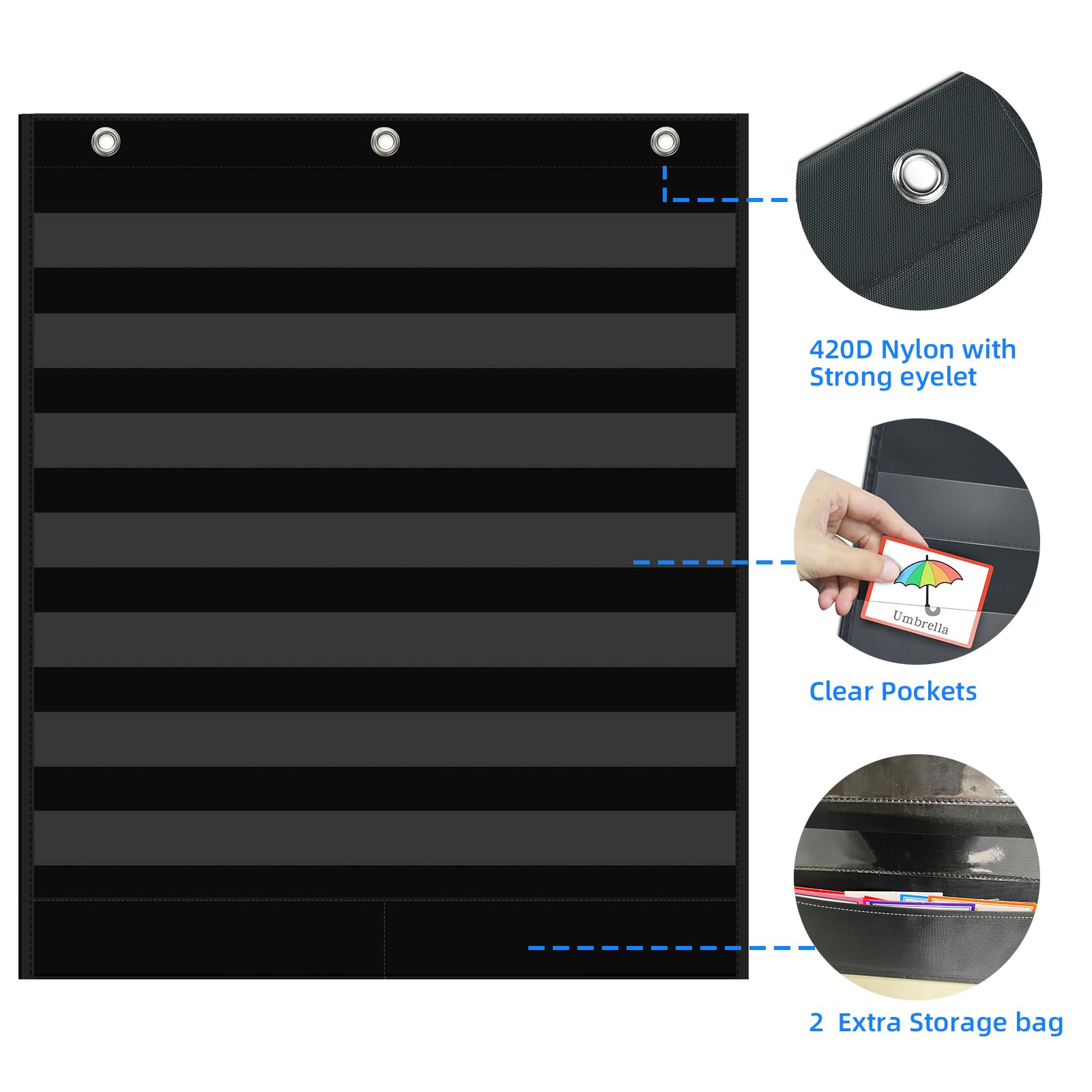 ANCOMEDO Tabla de bolsillo estándar de 7 + 2 bolsillos, tabla de palabras transparente de 7 bolsillos con 2 bolsillos de almacenamiento adicionales para uso en aula, oficina en casa, tamaño grande