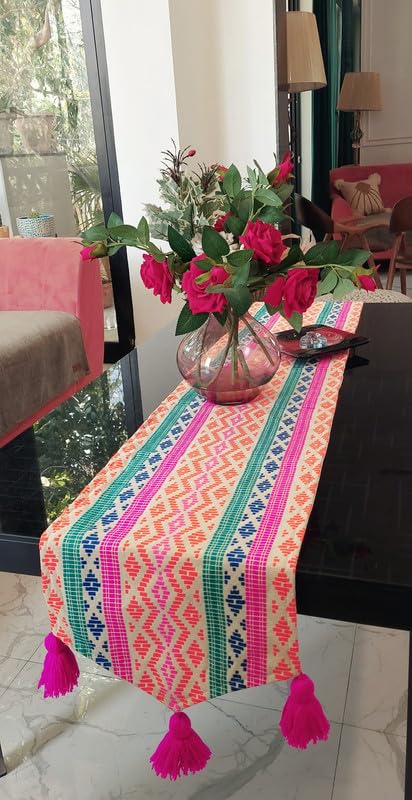 WWW.THROWPILLOW.IN Rainbow Multicolored Festive Tassel Runner| Fits Perfectly on 7 Feet Long for TV Unit Entry Console Centre Dining Table Runner | Diwali Living Room Decor | Size: 13x108 Inches