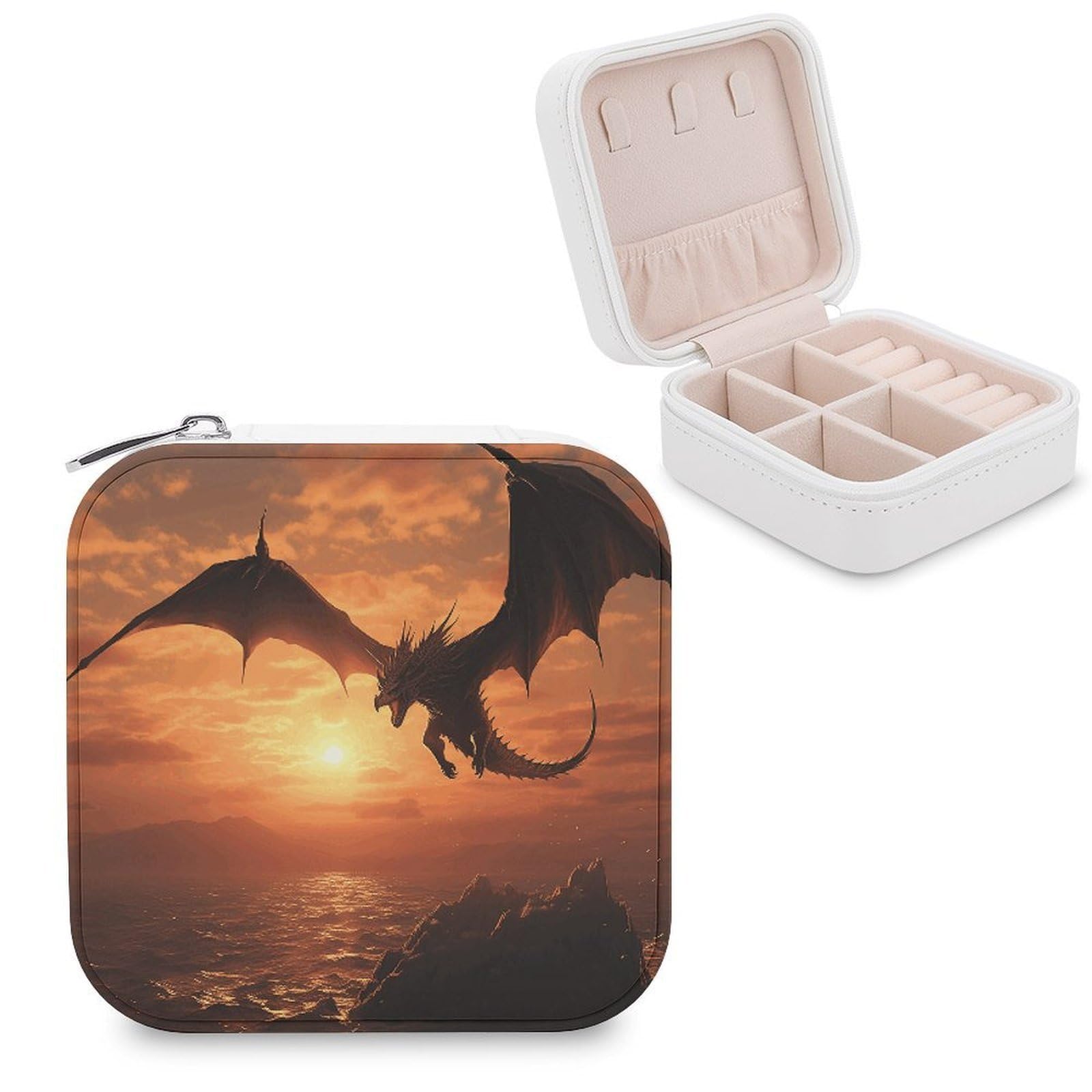 VstaDank Sea Sunset Flying Dragon Travel Jewelry Case Zipper Portable Small Jewelry Box Custom Pu Leather Mini Traveling Jewelry Organizer for Rings Earrings Necklace Bracelet Girls Women