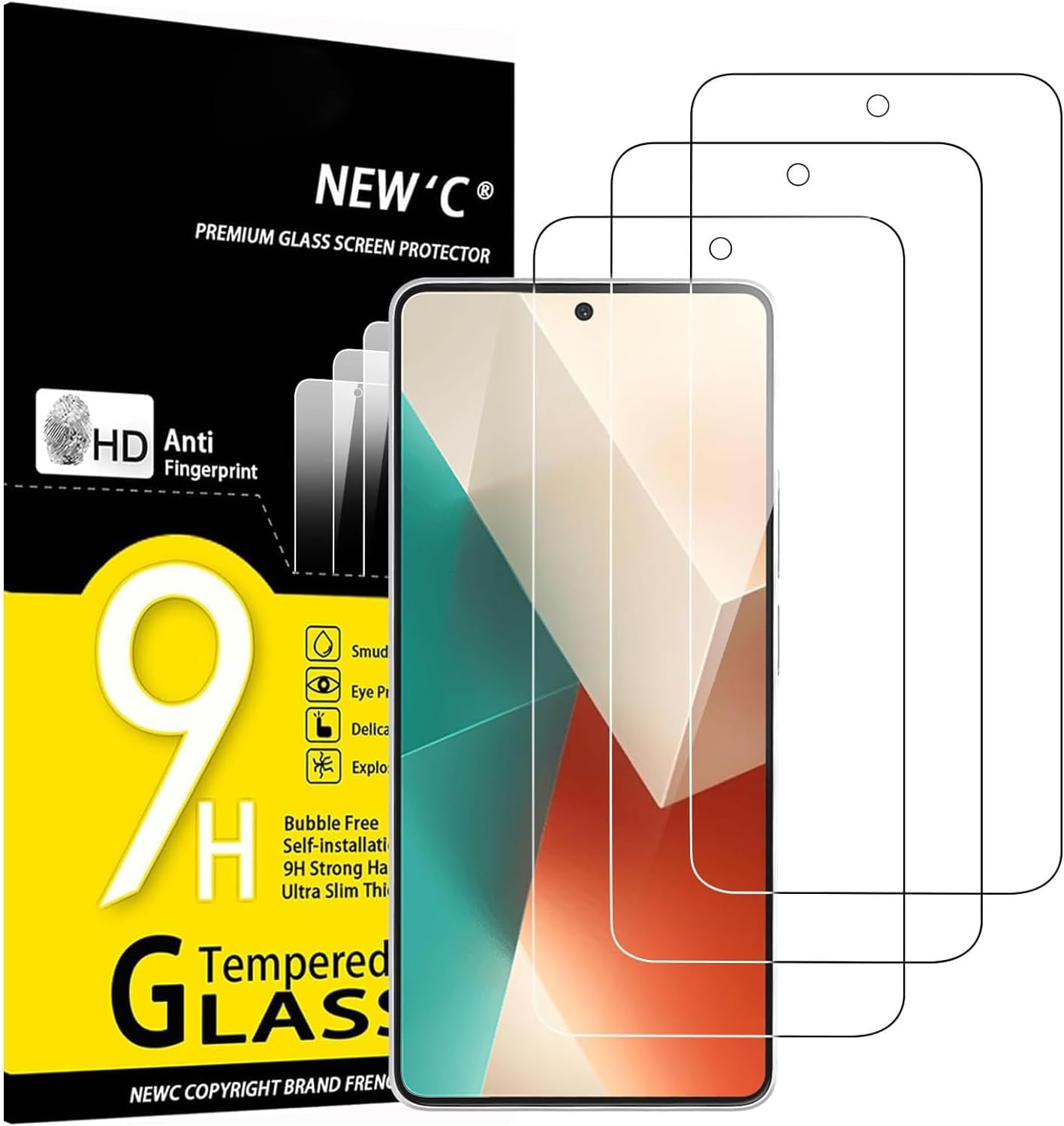 NEW'C 3 Pack, Screen Protector for Xiaomi Redmi Note 13 5G/4G, Tempered Glass Screen Protector Film 0.33mm ultra transparent, ultra resistant