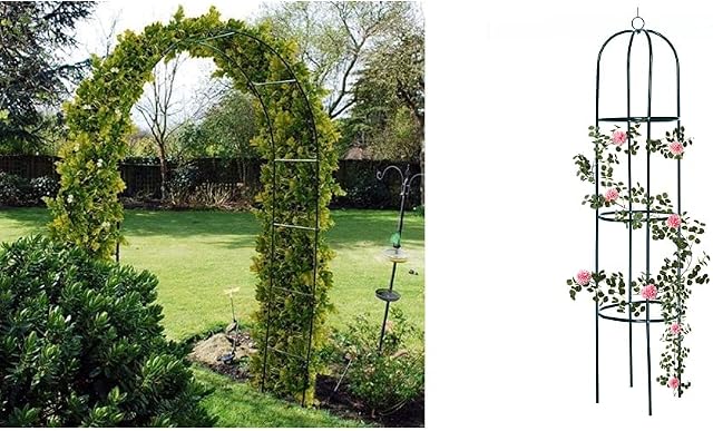 Ram® Large 2.4M Black Metal Garden Arch Heavy Duty Strong Tubular Arbour & Ram® Large 2M Black Metal Garden Obelisk Heavy Duty Strong Tubular Plant Cage For Roses