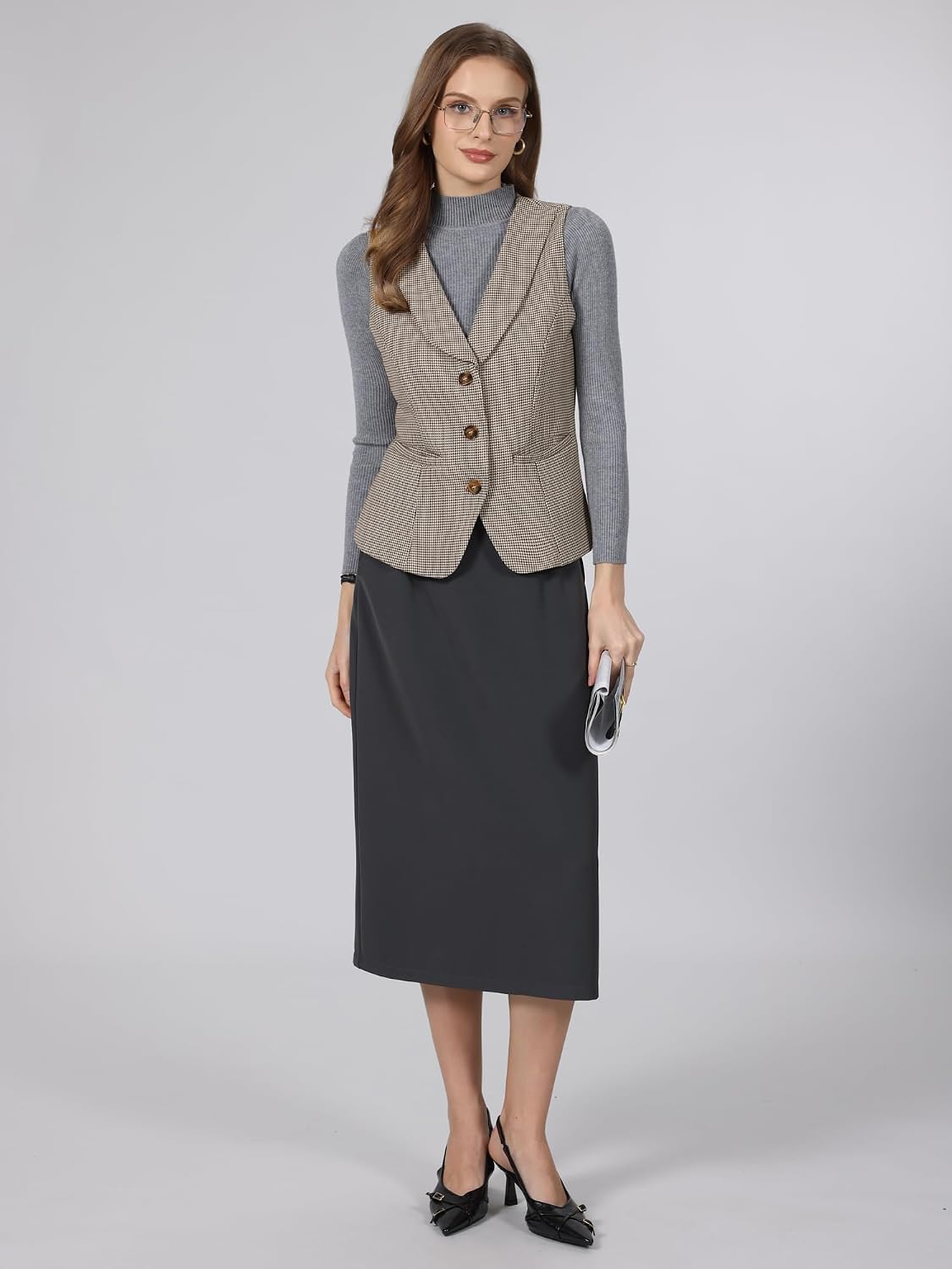 Hobemty Women's Plaid Vest Top Business Casual Lapel Collar Houndstooth Button Waistcoat with Pockets