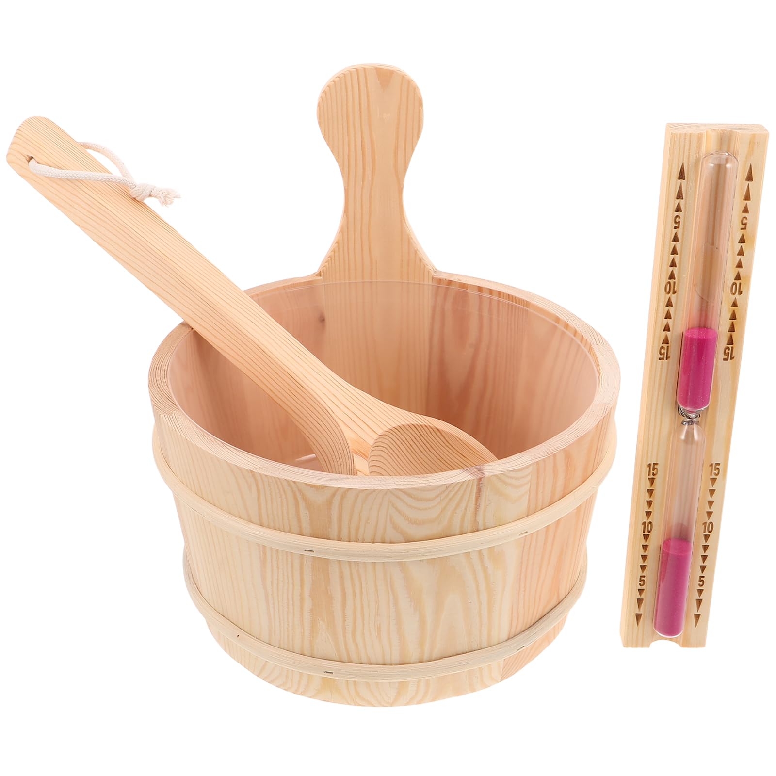 Yardenfun Drewniane Wiadro Do Sauny z Łyżką i Zegarem Piaskowym Ergonomiczne Akcesoria Do Domowej Sauny Łaźni Parowej i Ogrodowego Spa Sztuk
