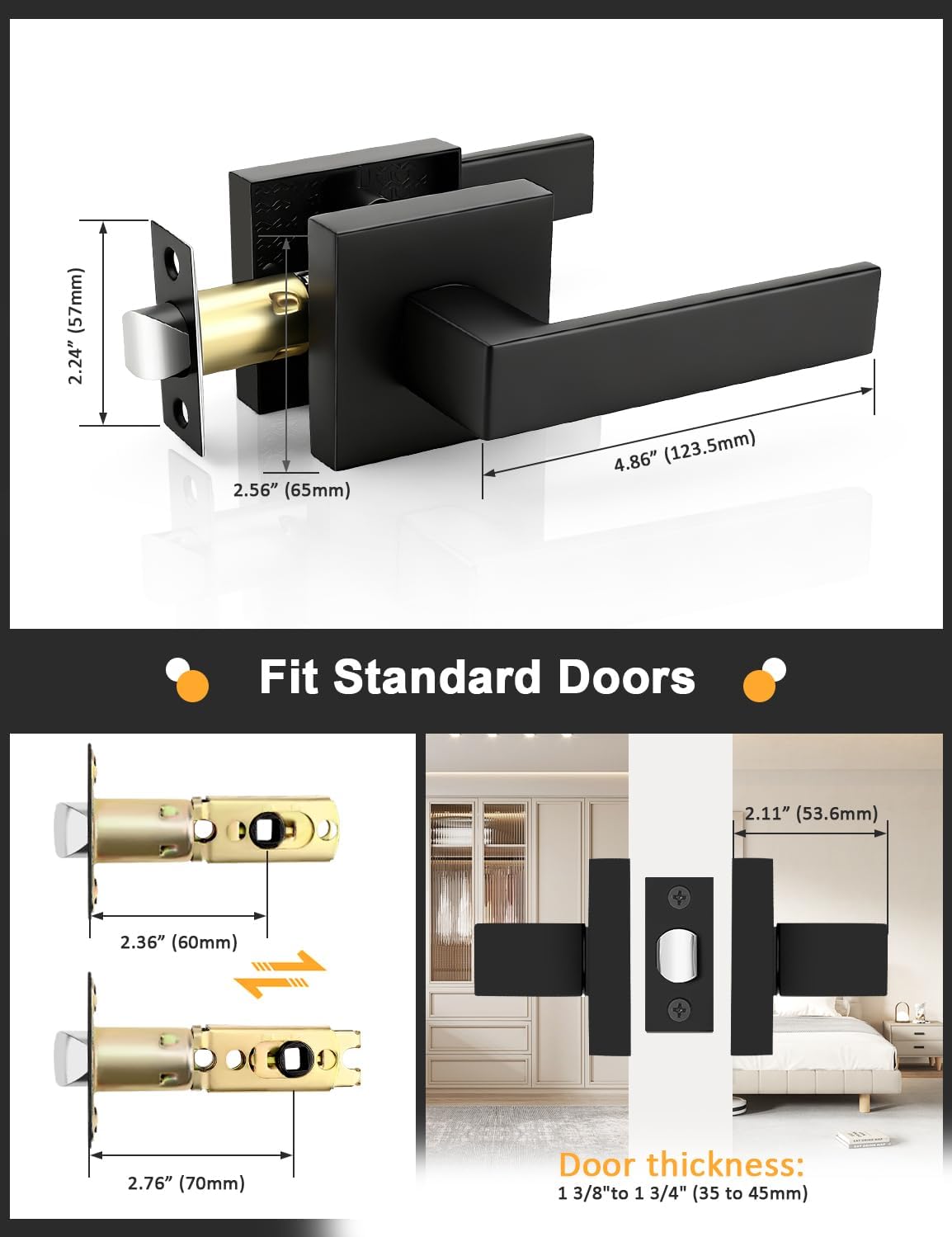 Gobrico 6 Pack Square Black Door Handles Interior, No Lock Passage Door Lever for Left or Right Handing, Heavy Duty Matte Black Closet Door Handle Sets